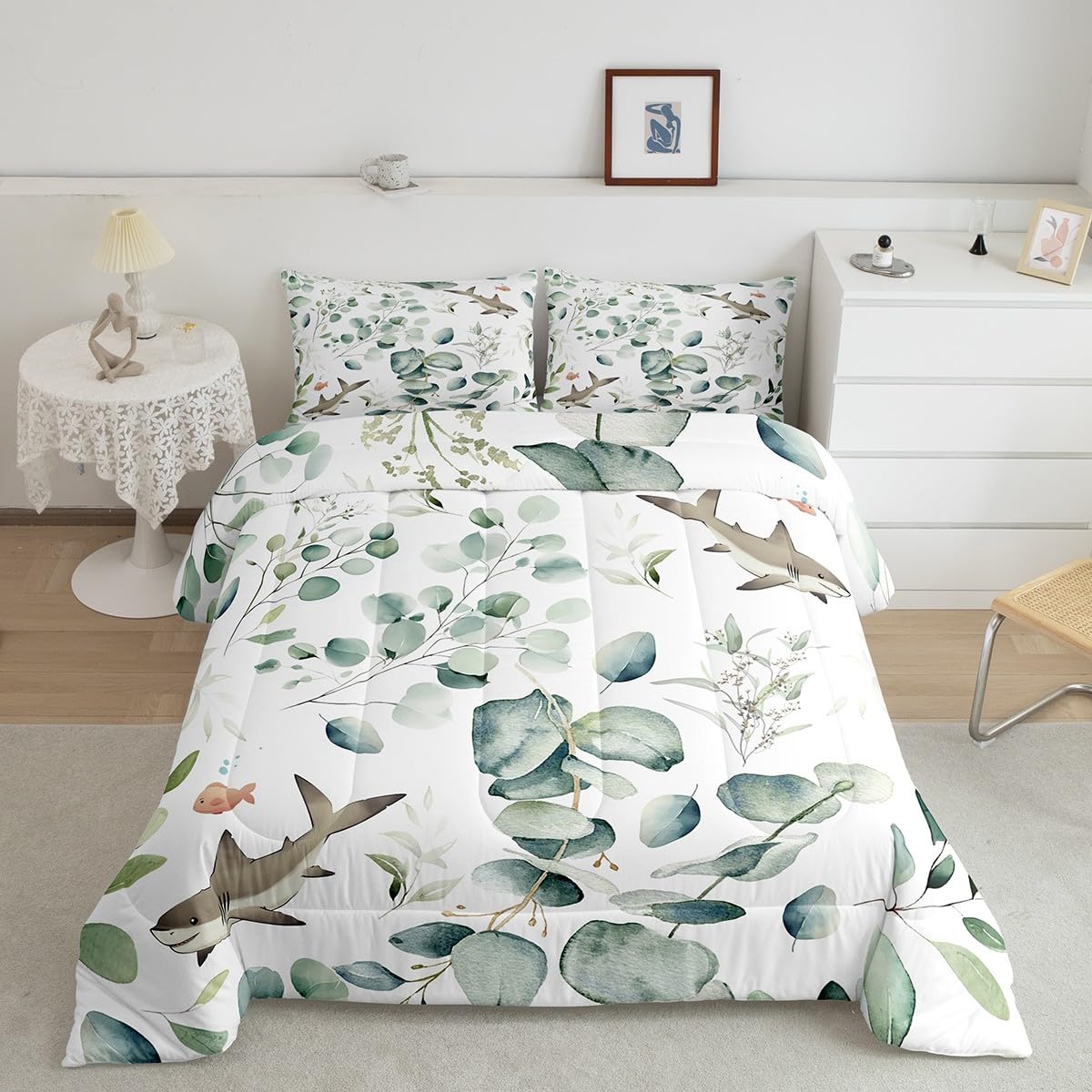 Erosebridal Girls Kawaii Animal Bedding Twin Size Cute Shark Comforter Set Twin, Cartoon Wildlife Duvet Insert Green Leaf Quilt Comforter, Plant Bedding Comforters & Sets Child Kids Bedroom Decor