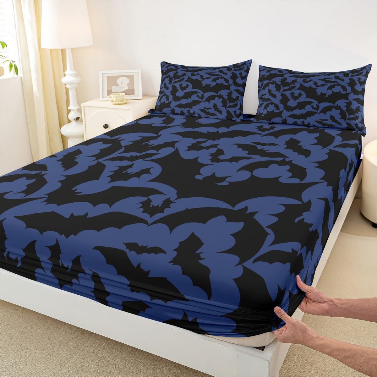 Castle Fairy Halloween Themed Bed Sheet Set for Boys Girls,Black Bats Animal Print Bed Sheet Set Full Size Bedding Set,Dark Navy Blue Color Fitted Sheet and 1 Flat, 2 Pillow Sham