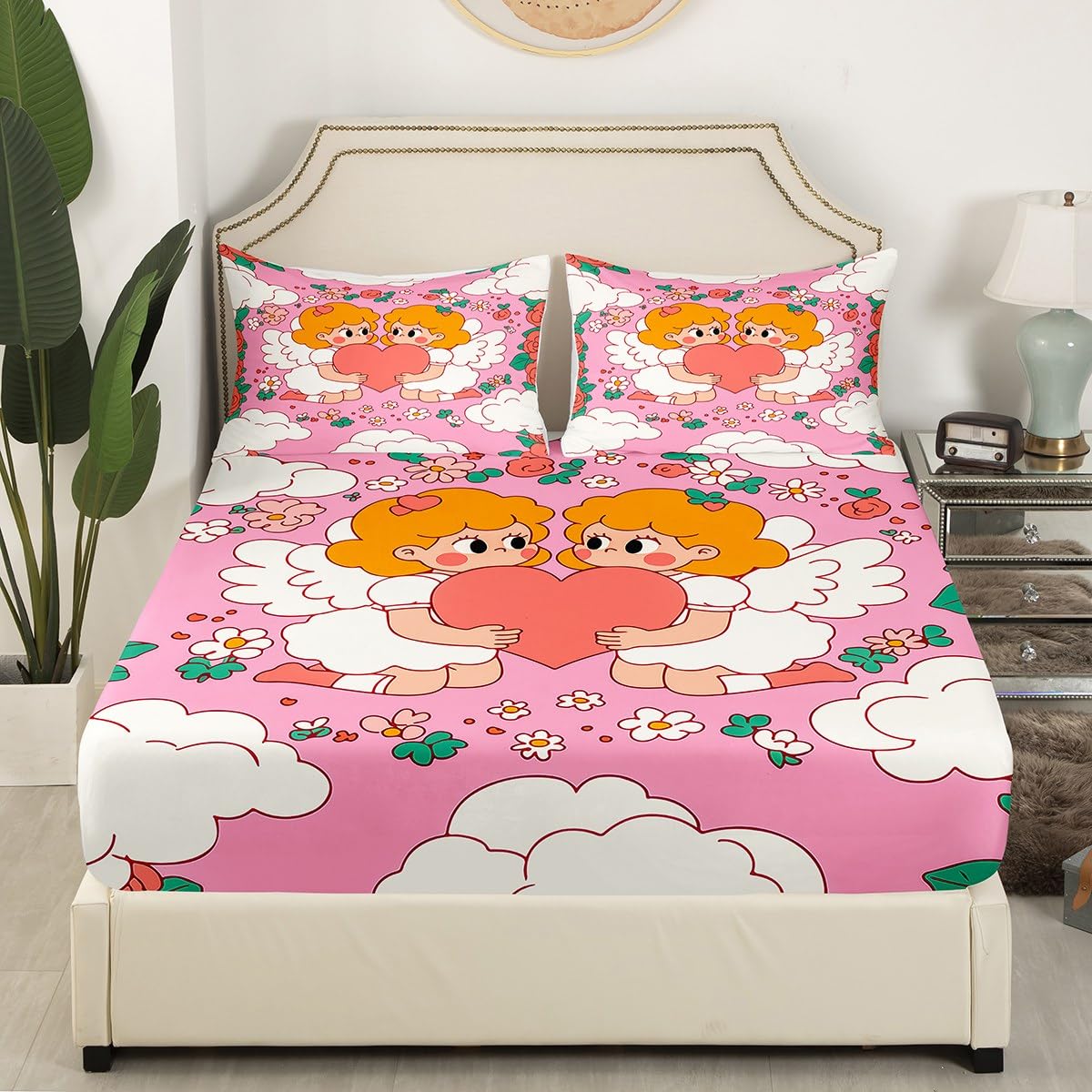 Feelyou Boys Girls Valentine's Day Bed Sheet Set Full Size, Angel Baby Bedding Set Love Heart Fitted Sheet Kids Romantic Teens Bed Cover Bedroom Decor with 2 Pillow Case (No Flat Sheet)