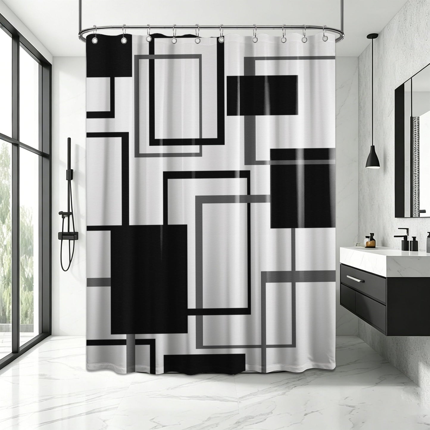 Yieldeer Black and White Geometric Shower Curtain, 70 x 72 Inch