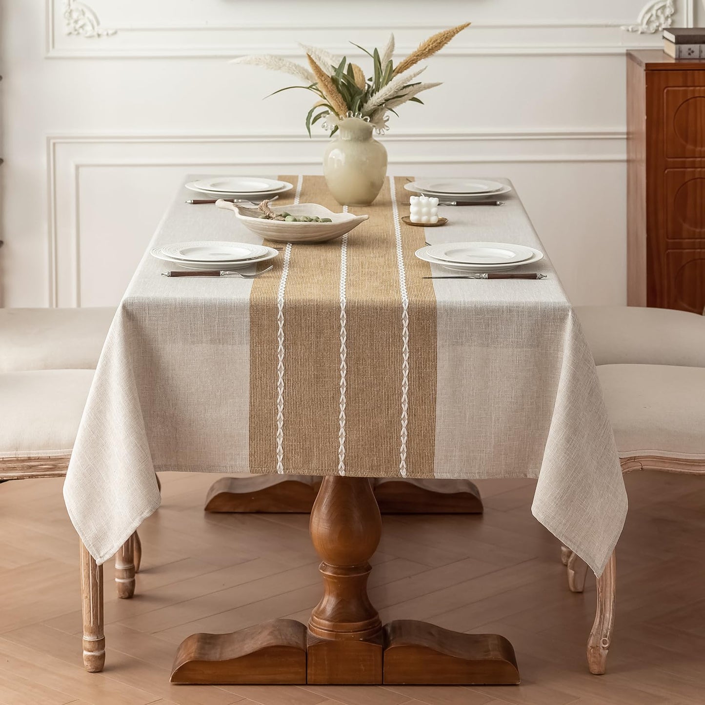 Joyfol Day Rustic Waterproof Cotton Blend Tablecloth, Heavy Weight Embroidery Table Cover for Rectangle Tables, Burlap Farmhouse Style with Coffee Line Pattern, 55" x 120"