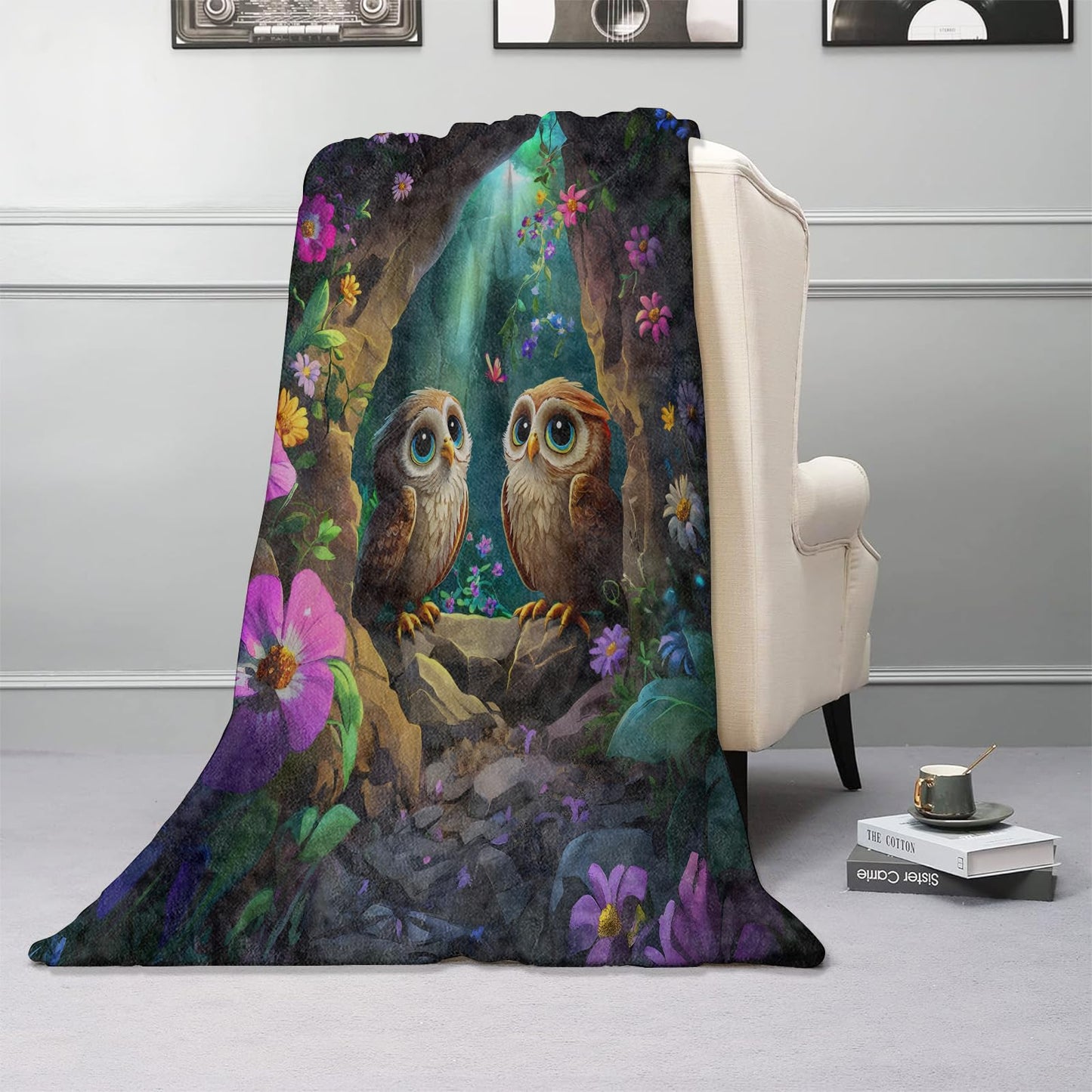 Kibue Adorable Owl in Cave Blanket, Soft & Warm Flannel Throw - Cozy Plush Lightweight Blankets for Travel, Decor, Bedroom, Office, Sofa - Gifts for Adults Kids - Ideal for All Seasons 60"×50"