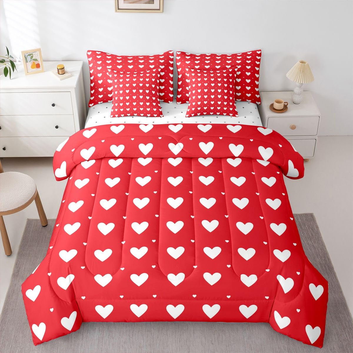 Erosebridal Couple Red Love Full Bedding Set - Cute Hearts Printed Bed in A Bag,Romance Love Heart Comforter Sets with Sheets, Romantic 7 Pieces Bed Set Bedroom Decor