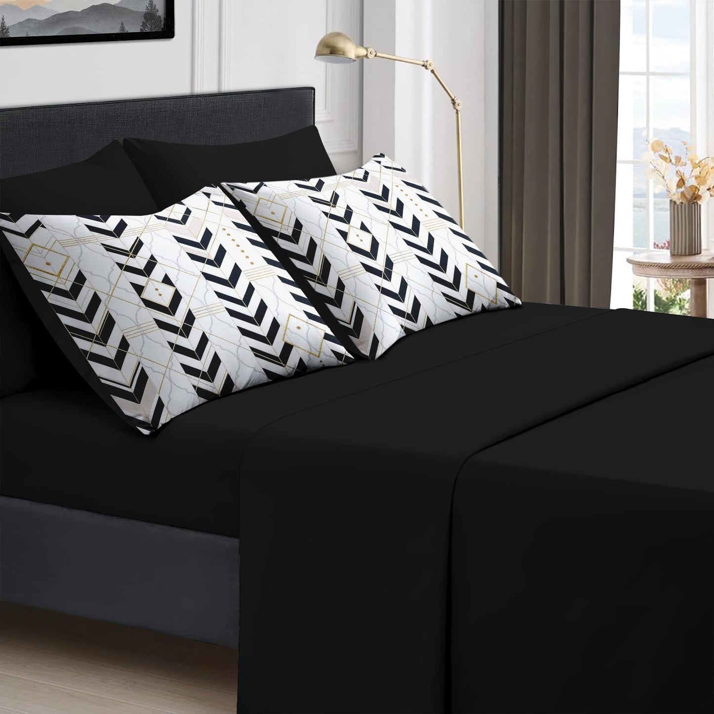 Boewywh Comforter Set Twin Size Geometric Gold Modern 7 Pcs, Bedding for Kids and Adults, Black Boho Bed Sheet Sets with Fitted Sheet 2 Pillowcases & 2 Shams for Bedroom Bed Decor
