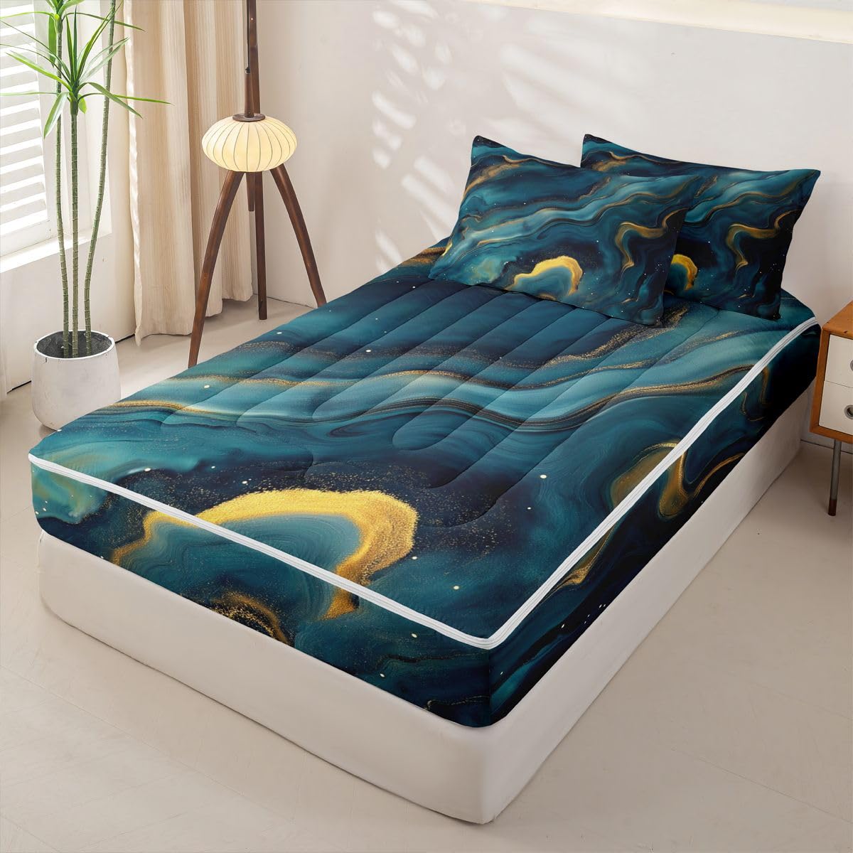 jejeloiu Blue Marble Print Zipper Bedding Twin Abstract Bedding Sets for Kids Boys Girls Deep Ocean Wave Texture Comforter Set with Fitted Sheet 2 Pillowcases One Zipper Bed Set for All Seasons