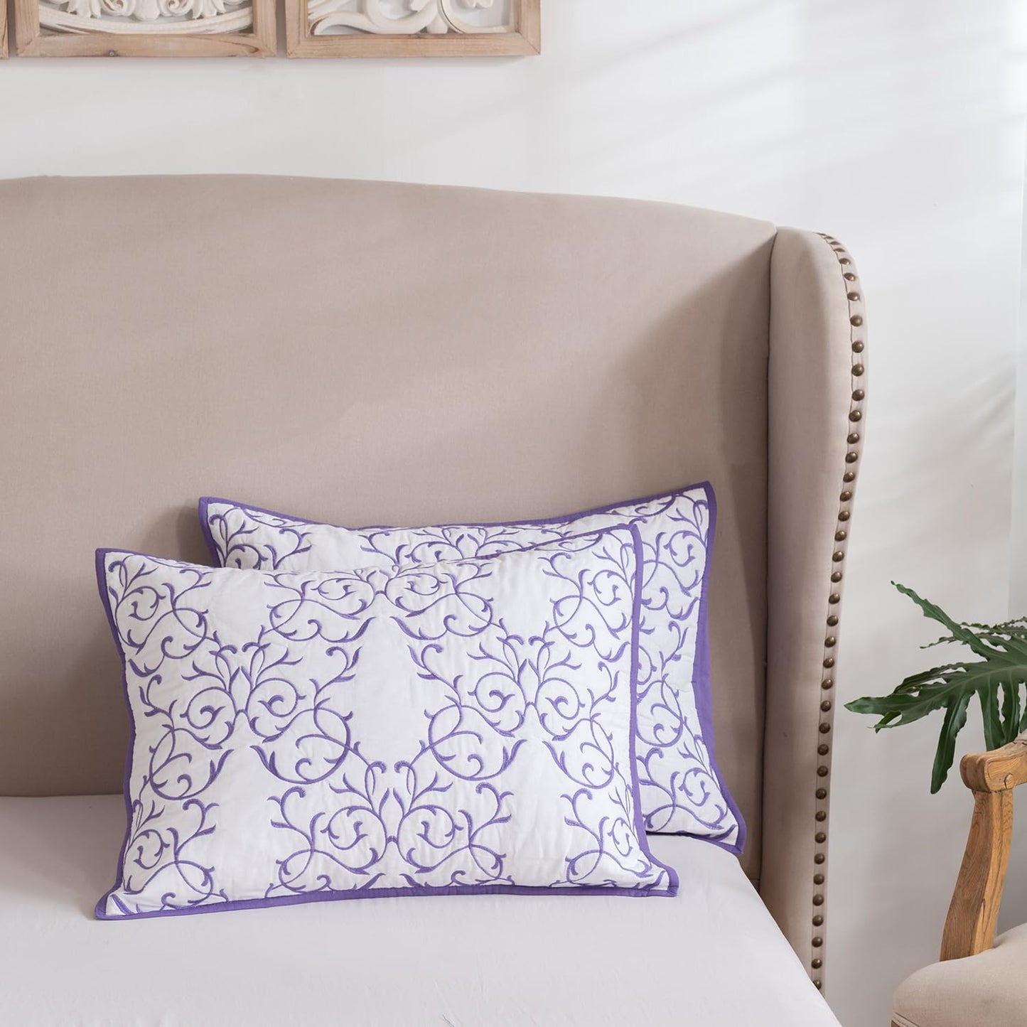 mixinni 2-Piece King Size Soft Cotton Purple Quilted Embroidery Floral Pattern Pillow Shams-20" x 36"