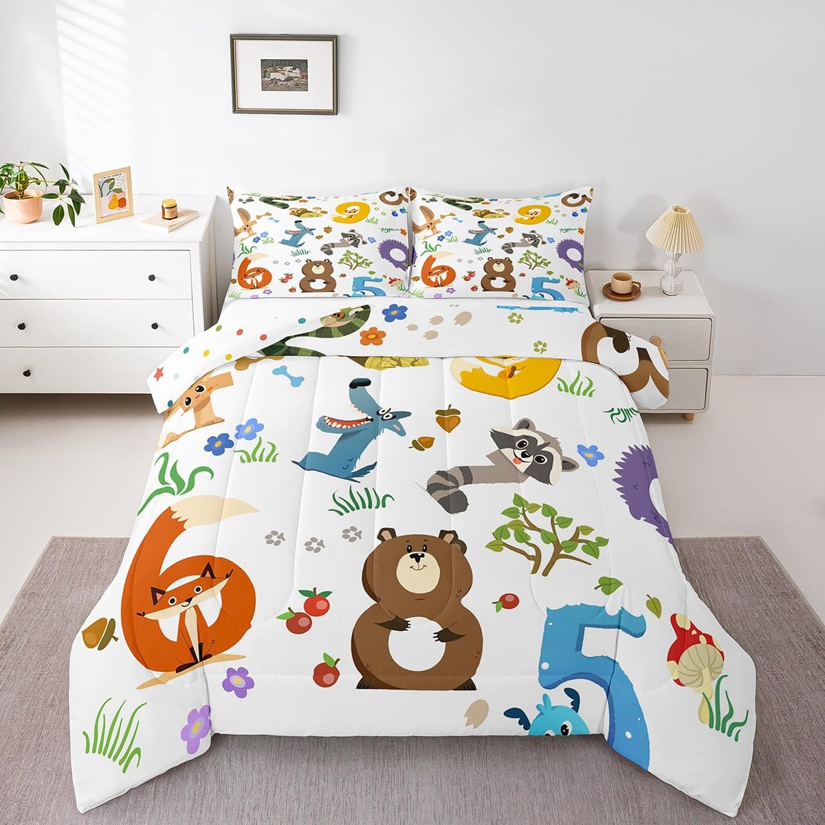 Feelyou Cartoon Animal Comforter Set King Size Zoo Animal Bedding Set for Boys Girls Teens Bedroom Decor Wildlife Comforter Women Men Hipster Style Duvet Set with 2 Pillow Case