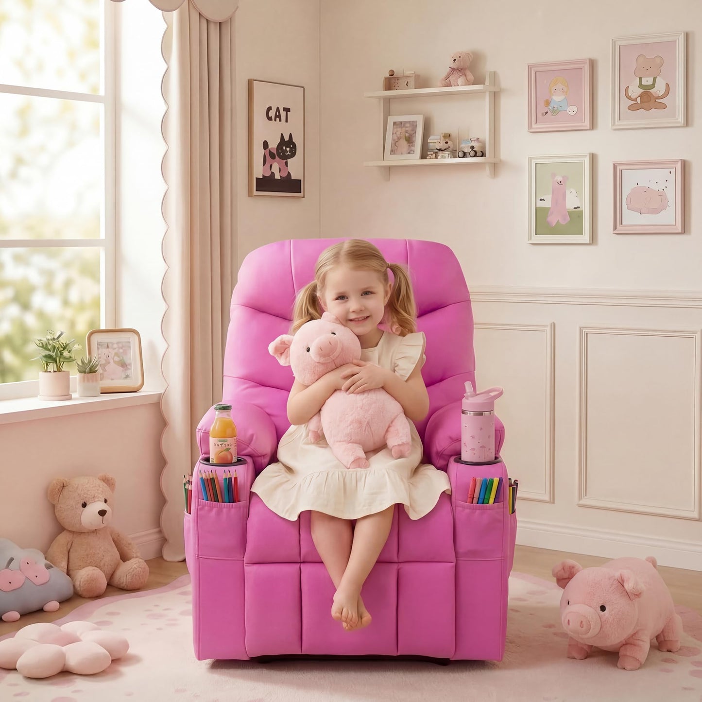 Donut Larger Kids Reclining Chair PU Leather Recliner Sofa Push Back Lounge Children Toddler Boys Girls Ages 3-12 with Dual Cup Holders and 4 Pockets