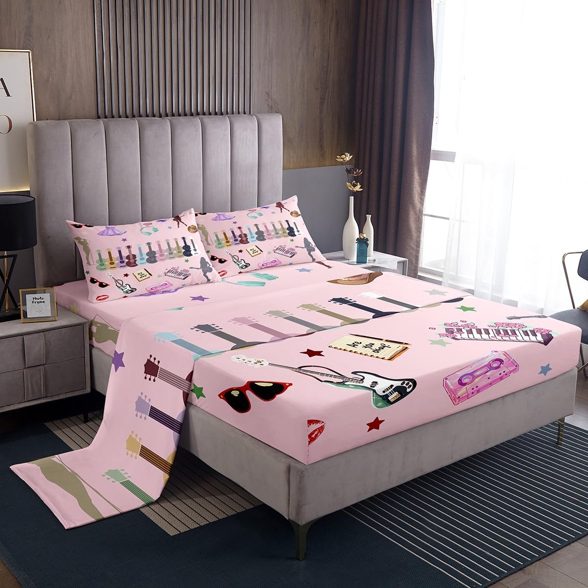 Erosebridal Music Fans Guitar Bed Sheets Set King Music Themed Sheet Set Singer Fans Pink Sheets for Kids Girls Women Fashion Birthday Valentines Day Gift Flat Fitted Sheet 4 Pcs Bedroom Decor