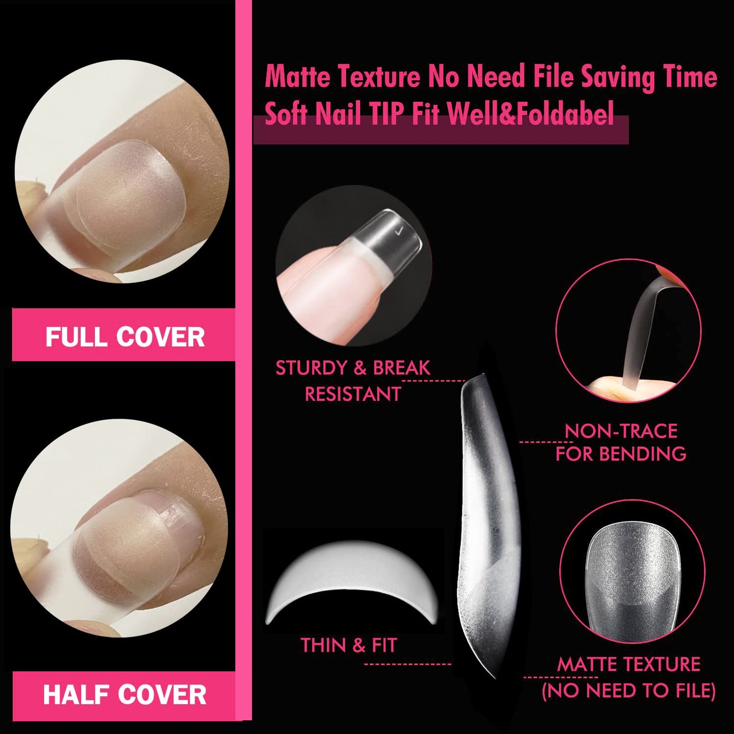 UNA GELLA Short Square Fake Nails Tips Full Matte 504 pcs Square Press on Nails Pre-shape for Full Cover Acrylic Nails French False Nails 12 Sizes False Soft Gel Tips