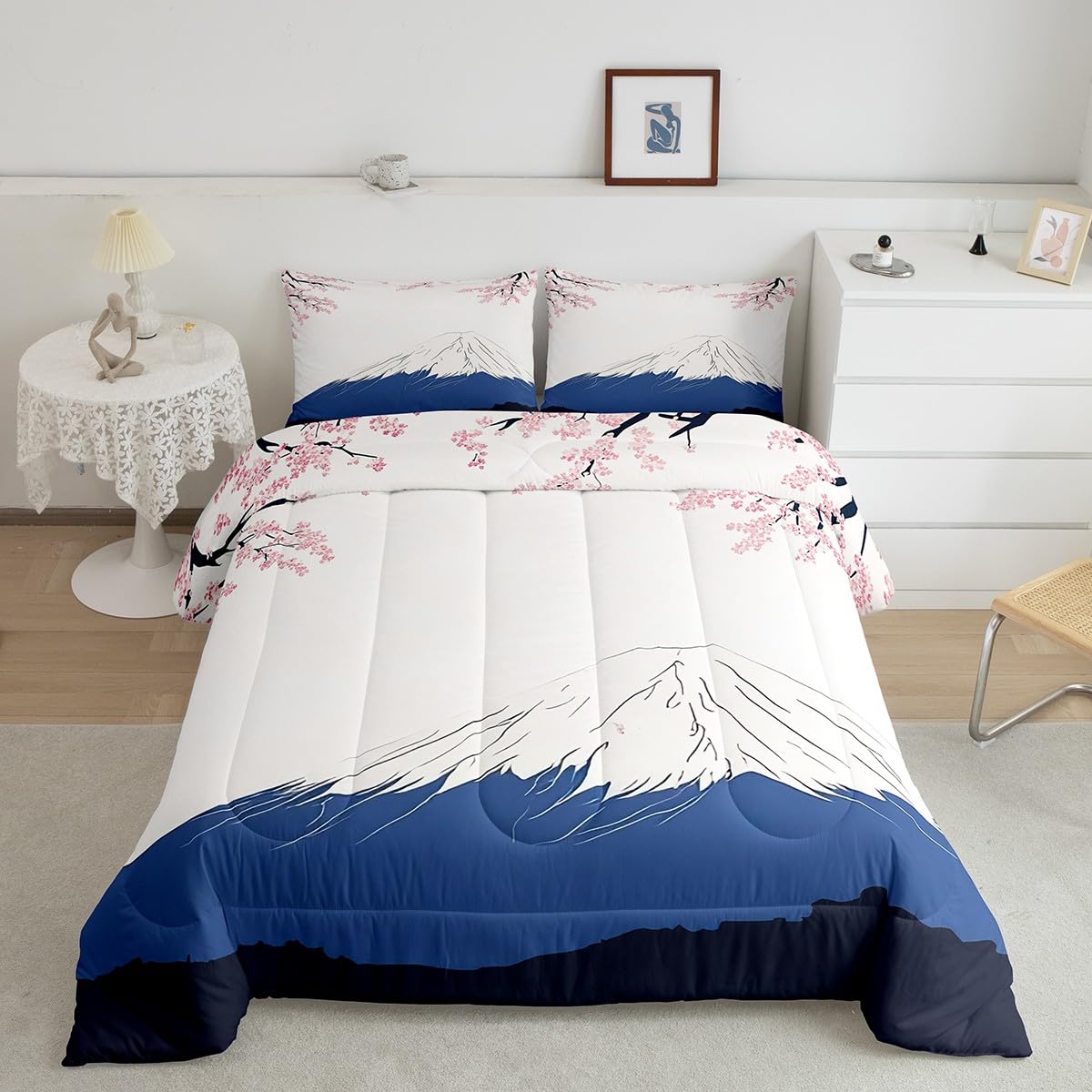 Feelyou Japanese Fuji Mountain Bedding Set for Kids Boys Girls Queen Size Cherry Blossoms Comforter Set Ultra Soft Exotic Comforter Japanese-Style Duvet Quilt Bedroom Decor Stylish Simple Quilt