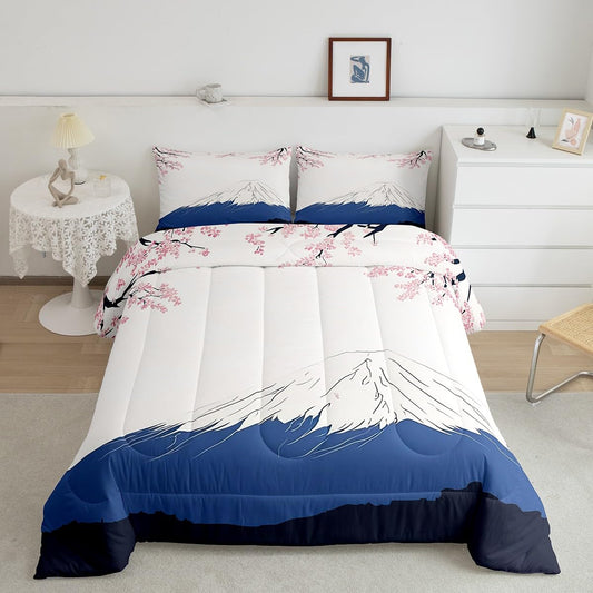 Feelyou Japanese Fuji Mountain Bedding Set for Kids Boys Girls Queen Size Cherry Blossoms Comforter Set Ultra Soft Exotic Comforter Japanese-Style Duvet Quilt Bedroom Decor Stylish Simple Quilt
