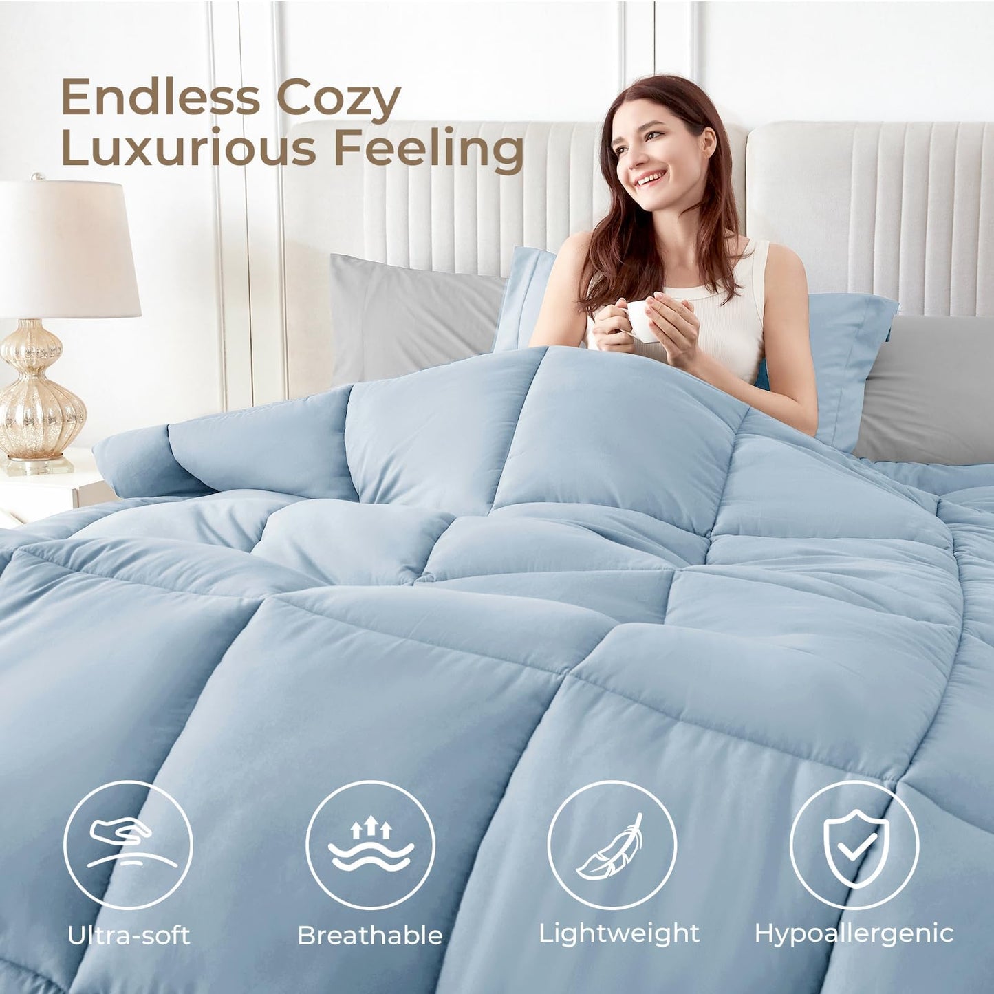 Sasttie Queen Comforter Set, 7 Pieces Bed in a Bag Queen, Complete Bedding Set Includes Comforter, Flat Sheet, Fitted Sheet, Pillowcases and Pillow Shams, Blue & Light Grey