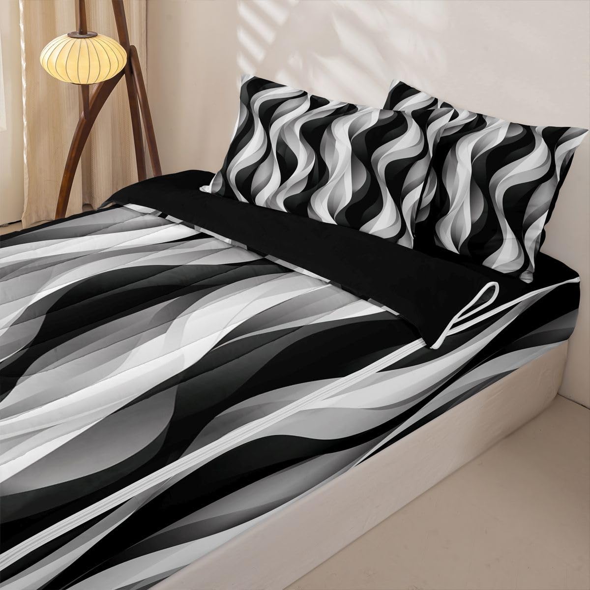 Erosebridal Modern Grey Black and White Striped Zipper Bedding for Adult Women Men - Gray and White Twin Size Comforter Set Graffiti Lines Sheets and Pillowcases Abstarct Modern Zipper Bedding Set