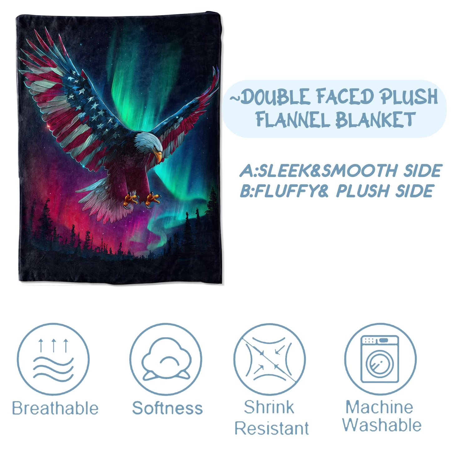 Zeleda Bald Eagle Flannel Blanket, Soft Cozy Throw with Wildlife American Flag, Patriotic Majestic Home Bedroom Decor and Gifts for Men Veterans, Lightweight Blankets for All Seasons, 50x60 Inch