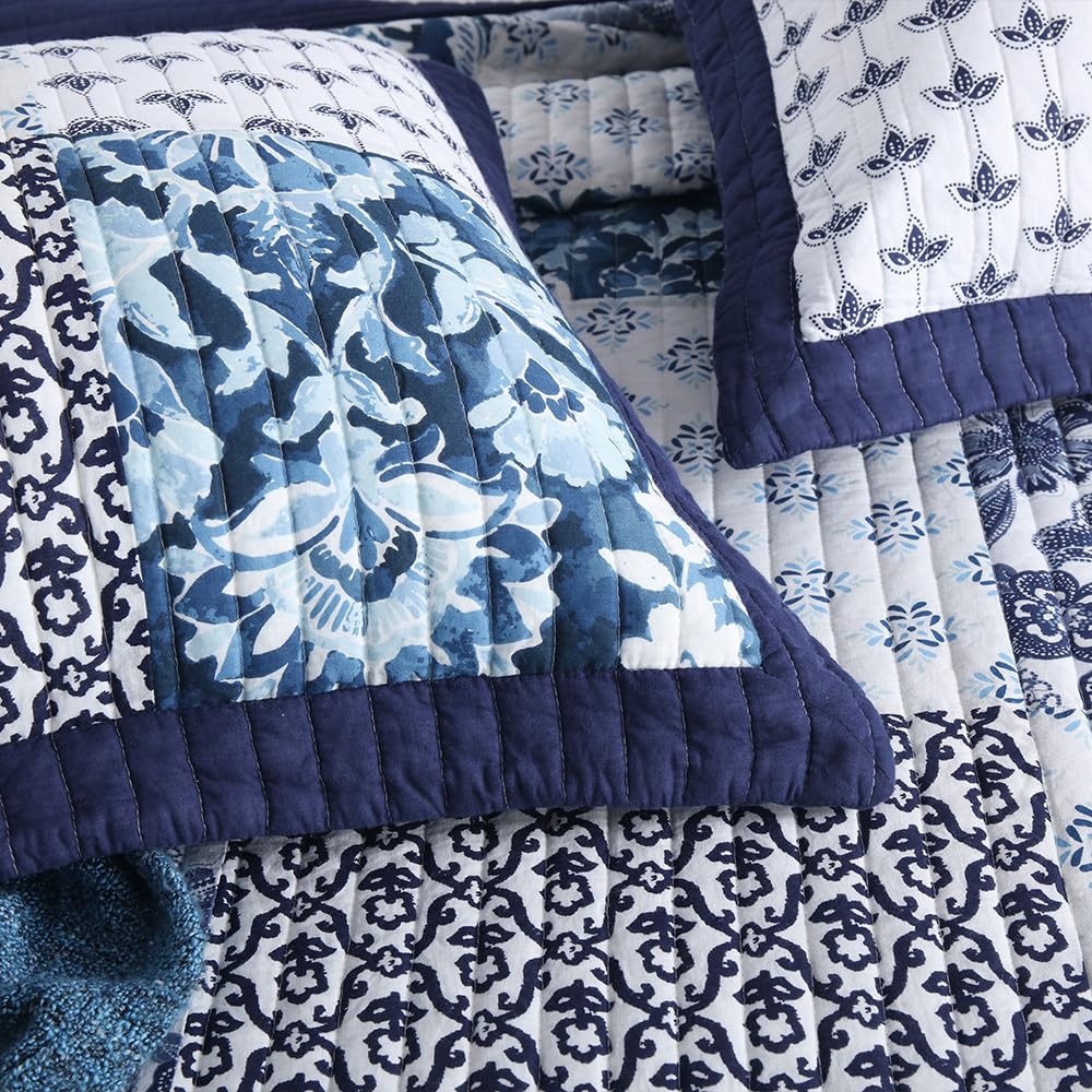ENASAL Cotton Bedspread Quilt Sets Reversible Bedding Coverlet Sets Luxury Floral White Blue Real Patchwork Bedspread, King Size