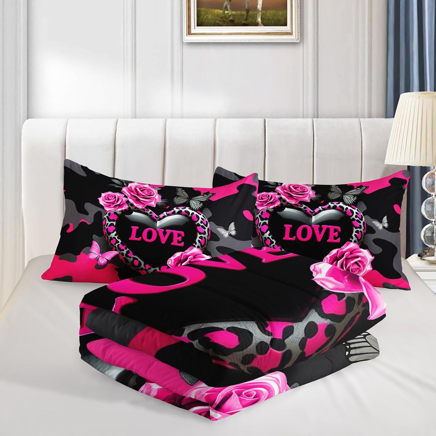 QOOMO 3Pcs Flowers Comforter Set Queen Size,Leopard Print Bedding Set for Teens Boys Girls,Pink Comforter with 2 Pillowcases,Soft and Lightweight