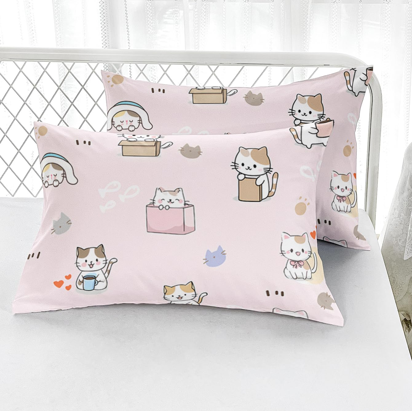 AILONEN Sticker Cat Twin Fitted Sheet Set, 3 Piece Microfiber Bedding Pack with 2 Pillowcases, 16 Inch Deep Pocket, Cute Animal Room Style