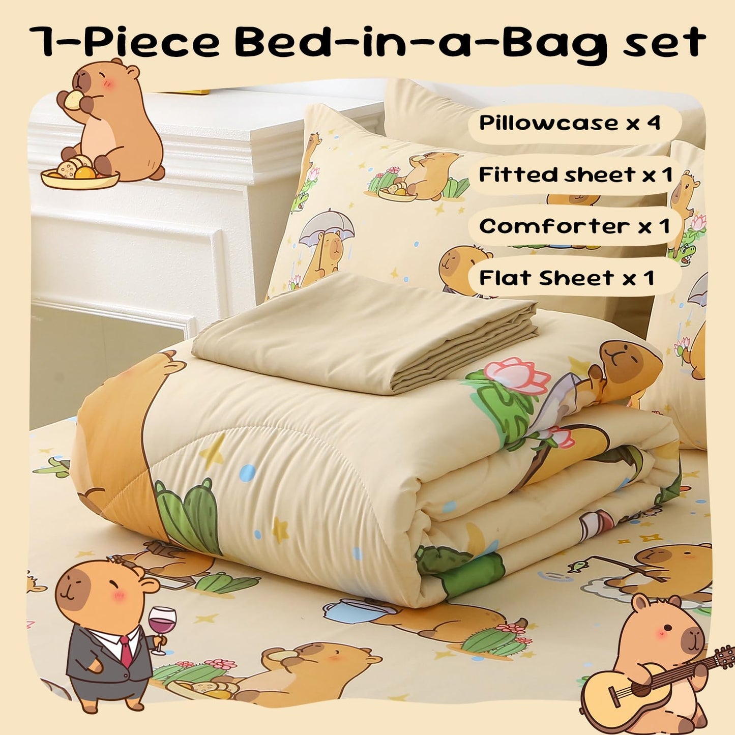 Jameswish 7 Piece Capybara Comforter Set Full Size Cute Cartoon Capybara Bedding Set Super Soft All Season Bedroom Decor for Kids Girls Boys Teens Birthday Choice