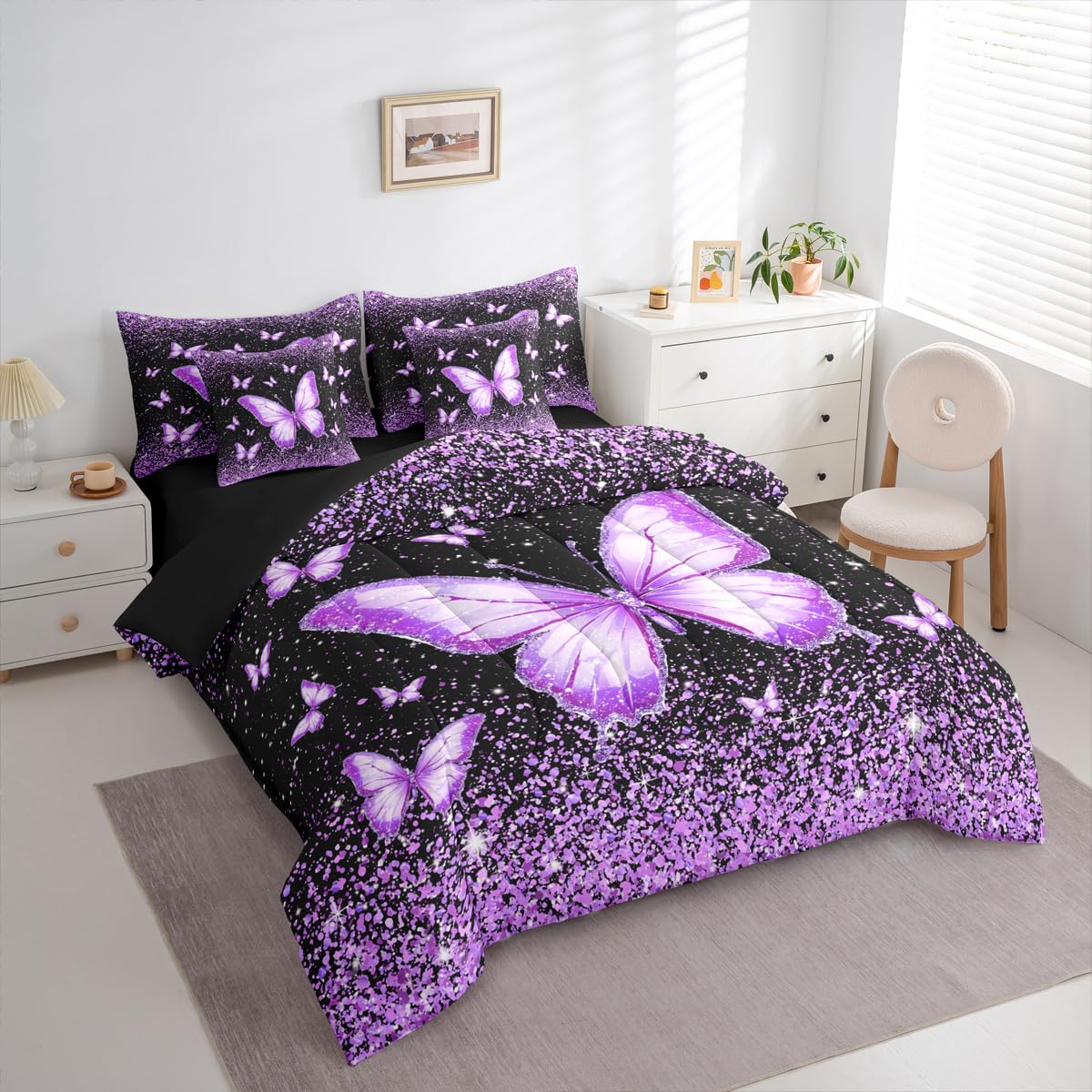Feelyou Purple Butterfly 7 Piece Bedding Set Glitter Print Comforter Set with Sheets for Kids Boys Girls Pretty Animal Bed in a Bag Beautiful Butterfly Bed Set Soft Lightweight