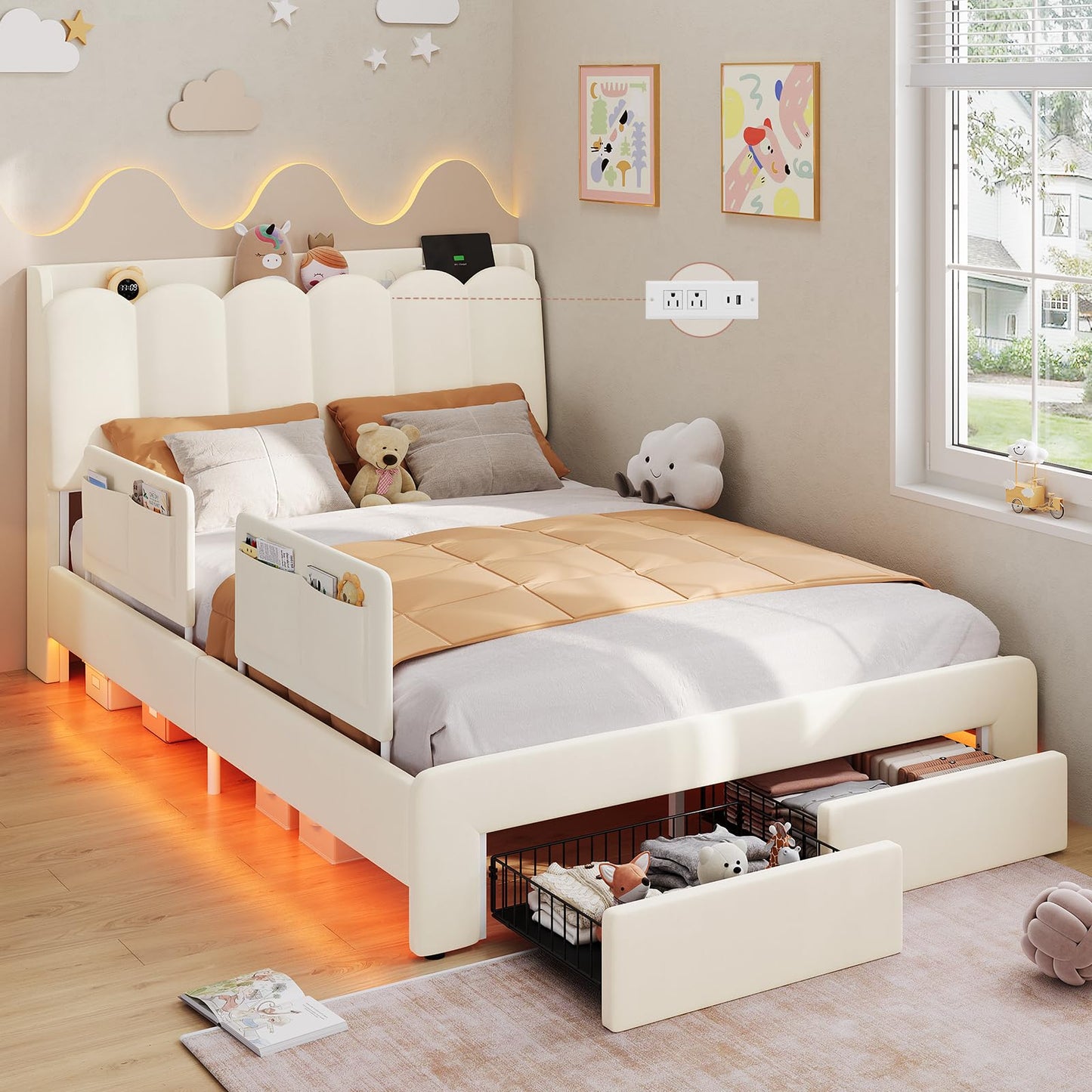 DICTAC Full Size LED Bed Frame with Storage Drawer and Safety Guardrails, Velvet Upholstered Platform Bed for Kids with Chic Wavy Storage Headboard, Charging Station, Heavy Duty Metal Support, Beige