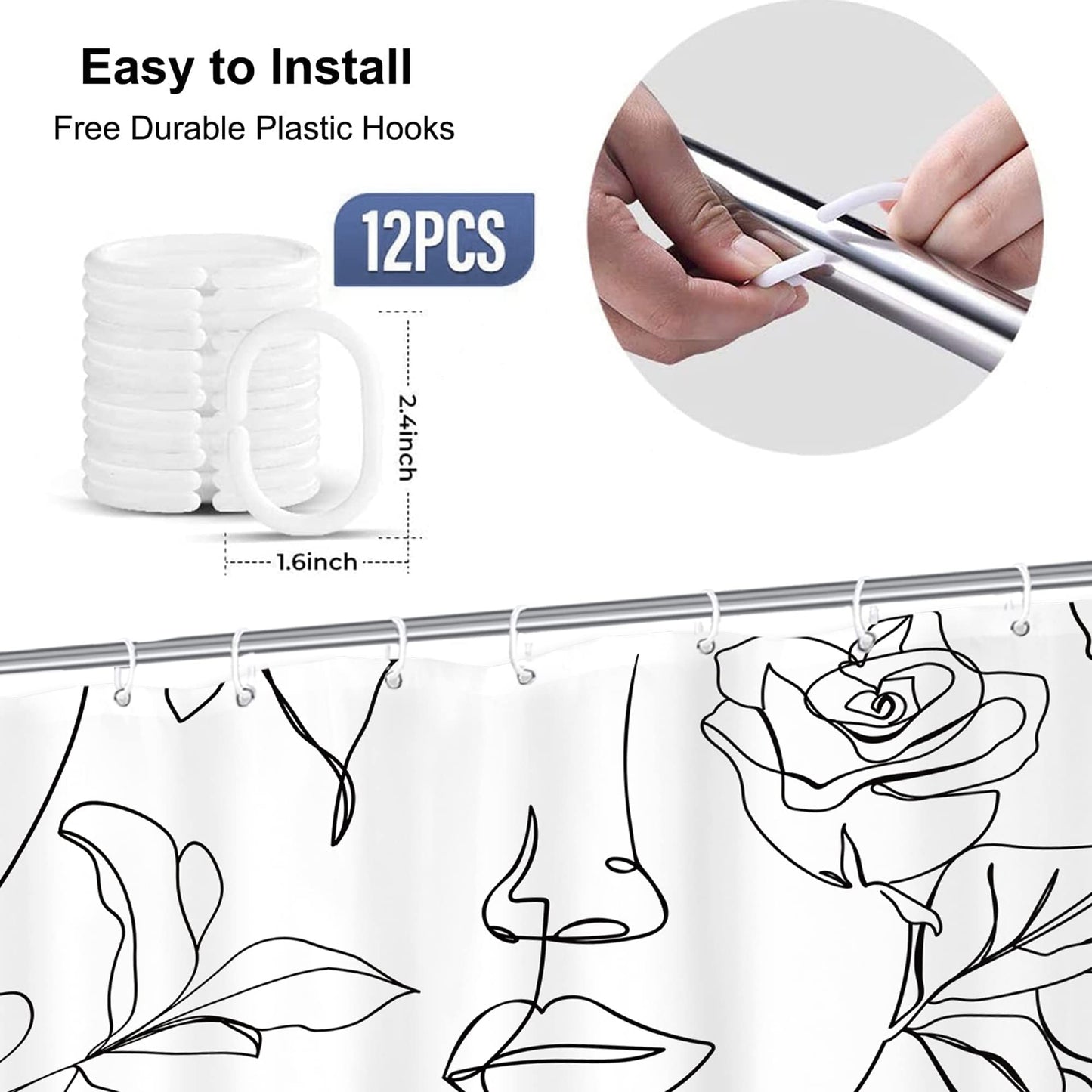 Yookeb Abstract Women Face Bathroom Shower Curtain 60W by 71H Inch Minimalist Modern Line Art Black White Rose Contemporary Polyester Fabric 12 Plastic Hooks Waterproof Decor
