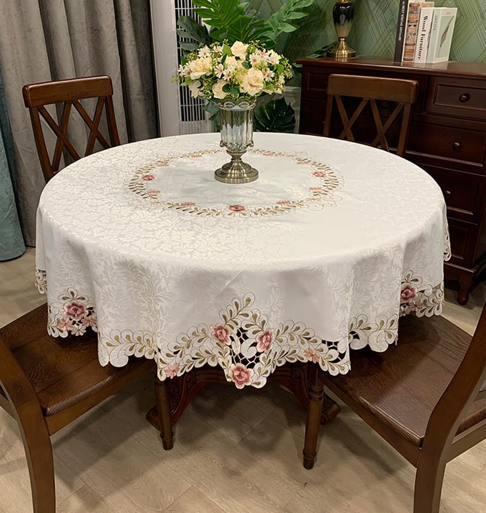 MULBESS Round Table Cloth Flower Embroidered Lace Tablecloth Wrinkle Free & Stain Resistant Fabric Tablecloths Table Cover for Kitchen Dinner (Round 60 inch)