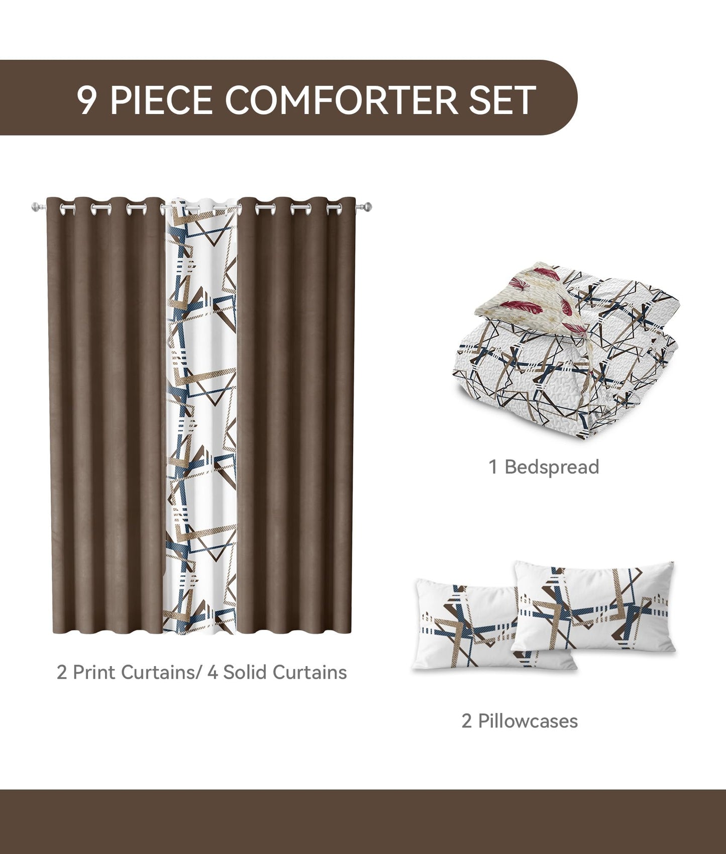 Classic 9-Piece Geometric Print Queen Light Comforter Set with Matching Curtains, Creamy White Bedspread Set Ultra-Soft & Machine Washable Refined Update To Bedroom Decor, Ideal of All-Season Gift