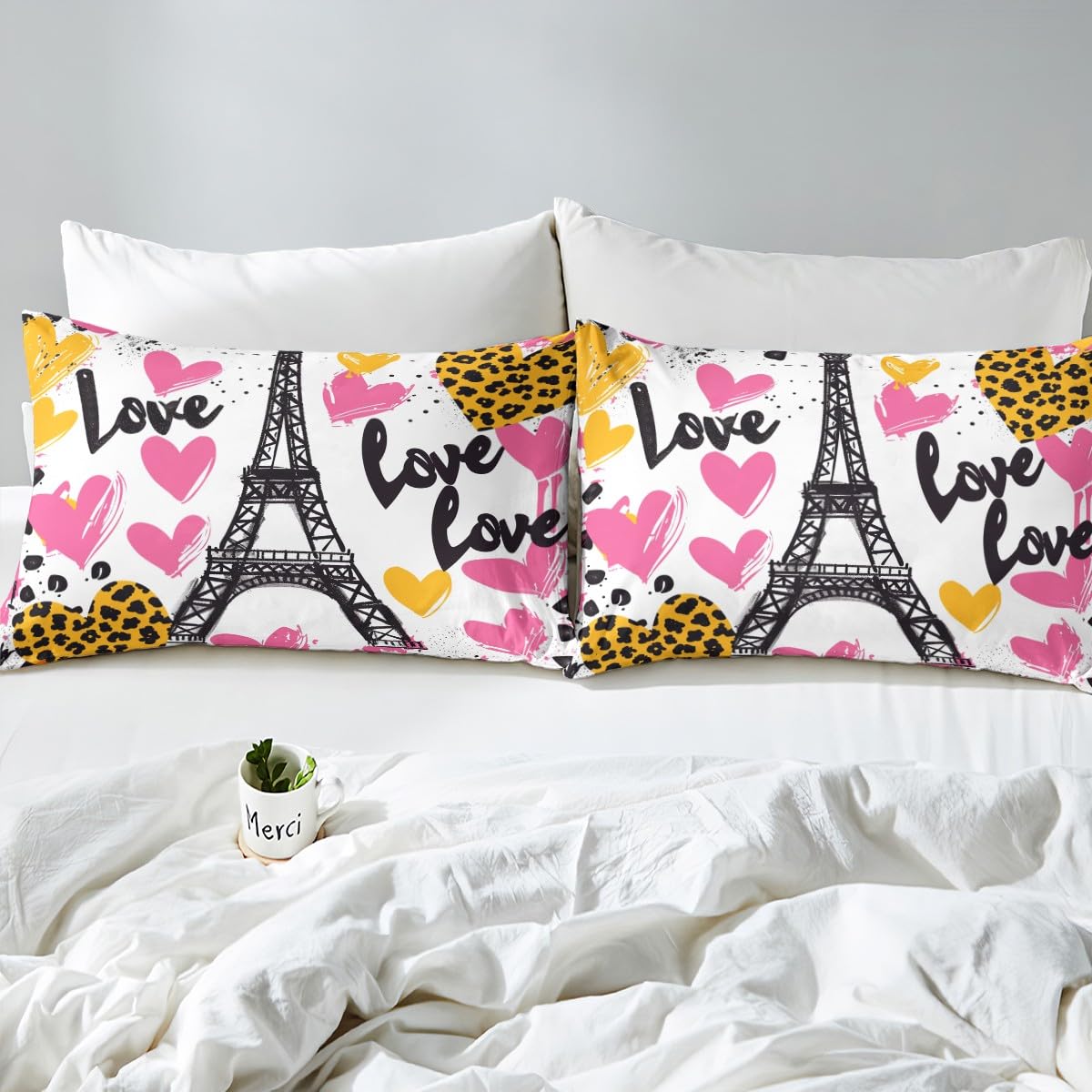 Eiffel Tower Fitted Sheet Full Size,Cartoon Paris Buildings Sheet Set(No Top Sheet),Watercolor Love Hearts Bedding Set(1 Fitted Sheet+2 Pillow Cases),Romantic French Style Bed Cover