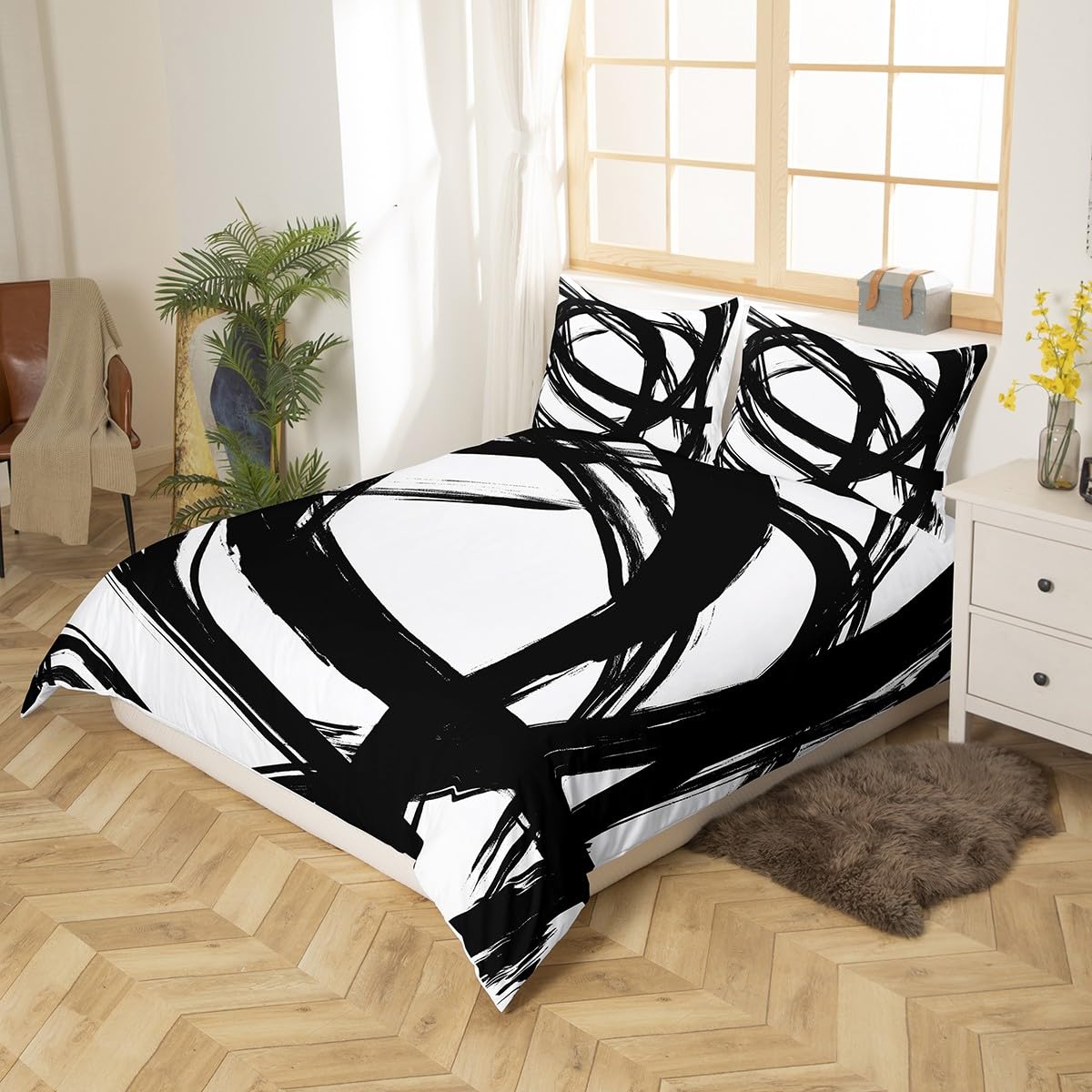 Erosebridal Black and White Abstarct Duvet Cover King for Adult Women Men, Geometric Striped Comforter Cover for Minimalists,Graffiti Aesthetic Lines Bedding Set,Contemporary Boho Modern Art Bed Set
