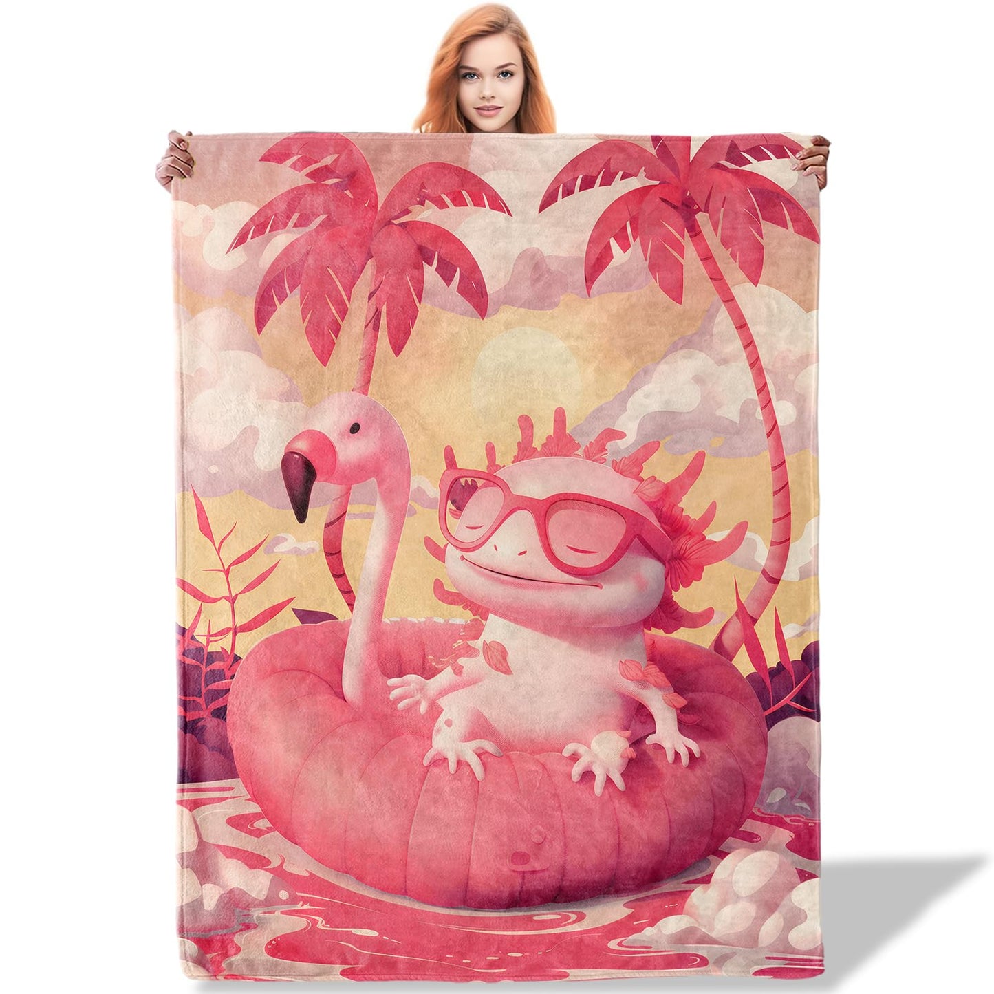 Plistiz Flamingo Axolotl Throw Blanket 50x60 Inch, Fun Blankets for Kids Room Decor, Soft Flannel Polyester Gift for Children