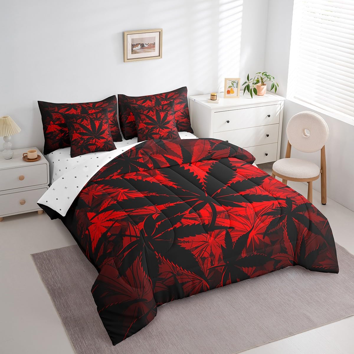 Erosebridal 7 Pcs Leaf Comforter Set - Twin Size, Neon Bed in a Bag with Flat Fitted Sheet for Kids and Adults, Leaf Bedding Set with Pillowcases and Cushion Cases