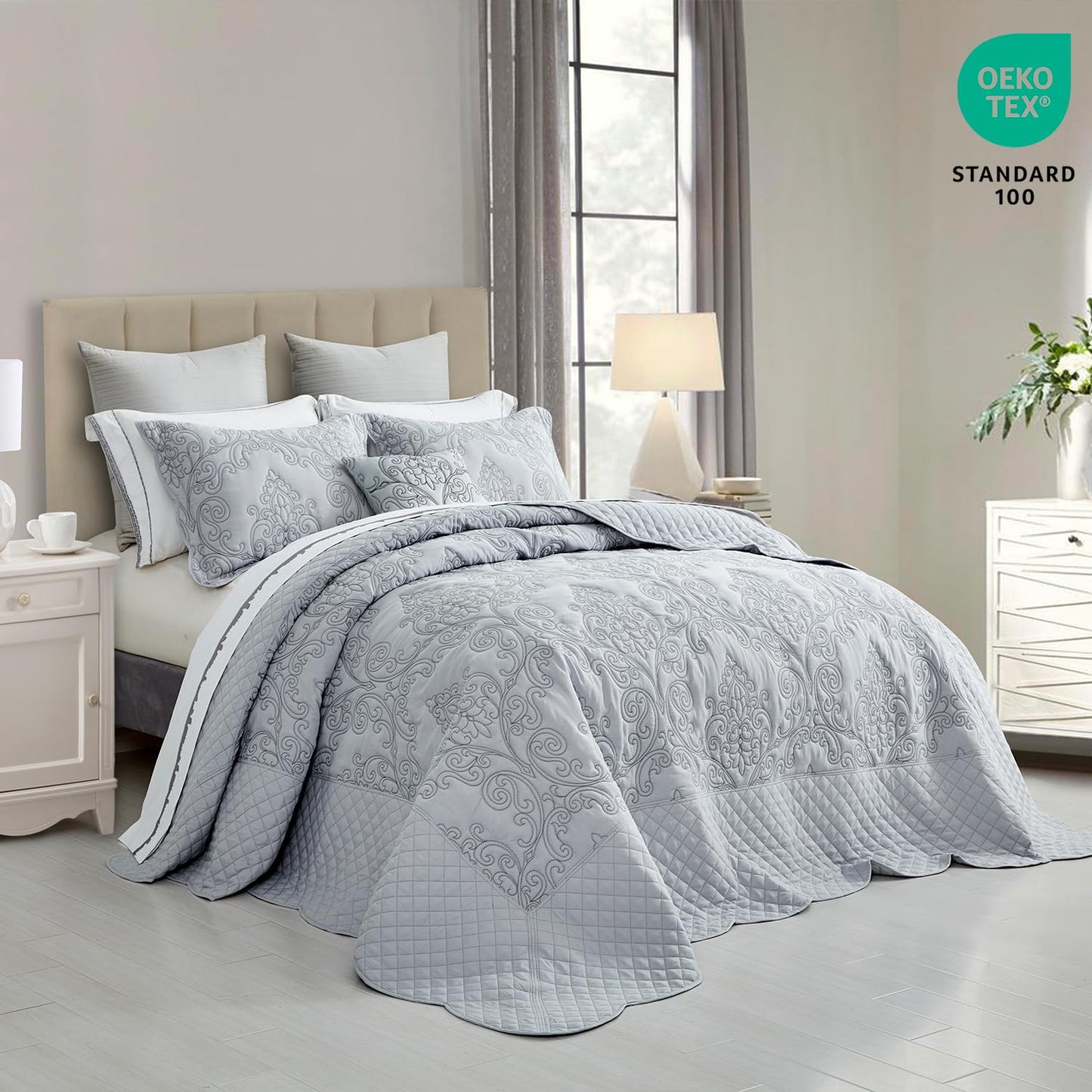 CHIXIN Bedspread Coverlet Set Queen Size - Lightweight Bedding Cover - Beautiful Stitching - 5 Piece Reversible Bedspread - Luxury Damask Paisley Pattern (Queen, Light Grey)
