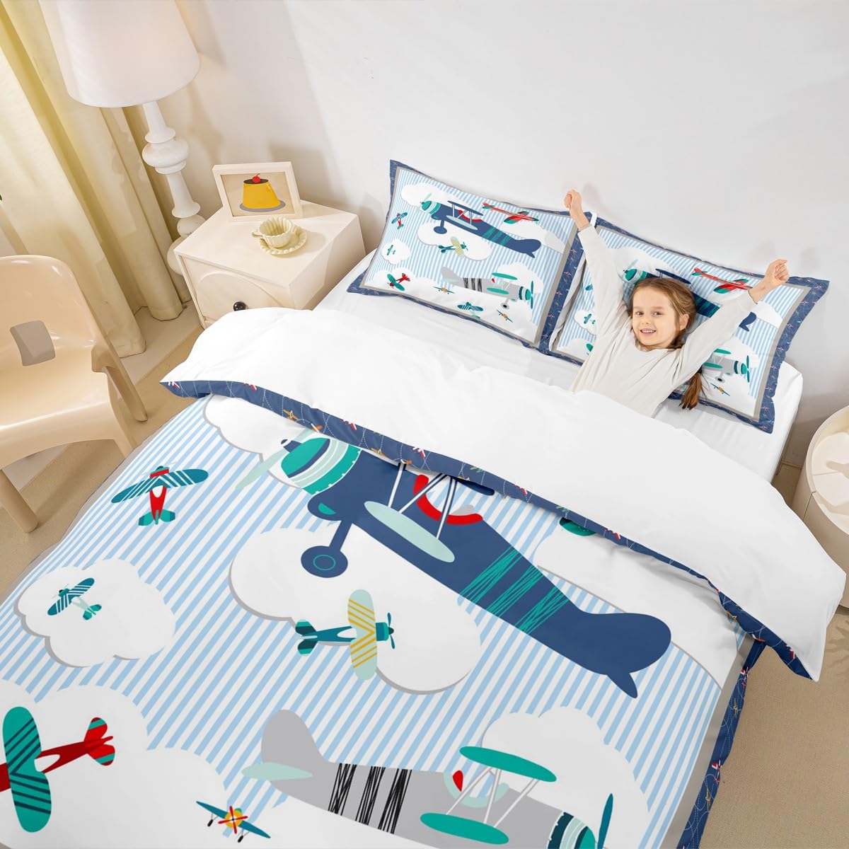 Kids Airplane Bedding Set Blue Sky and White Clouds Comforter Cover Set for Kids Teens Women Room Decor Aviation Aircraft Duvet Cover Breathable Modern Airplane Bedspread Cover Full Size(No Comforter)