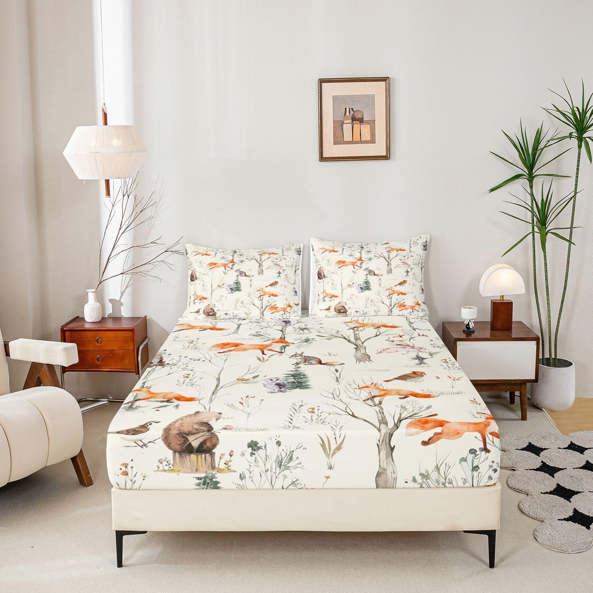 Kids Cute Animals Fitted Sheet Twin Size Cartoon Bear Fox and Rabbit Bedding Set 2Pcs for Girls Boys Adult Room Decor Foggy Tree Jungle Plants Bed Sheet Hunt Adventure Deep Pocket Sheet,Beige