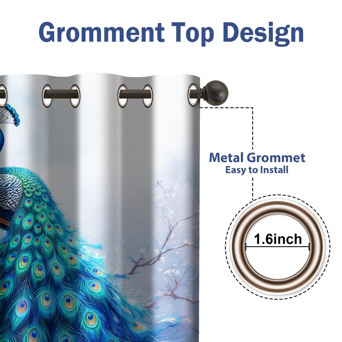Jekeno Peacock Blackout Curtain Blue Bird Artistic Tree Branch Print Grommet Top Window Drapes for Bedroom Living Room Decor Luxury Animal Theme 2 Panels(52x84 Inch)