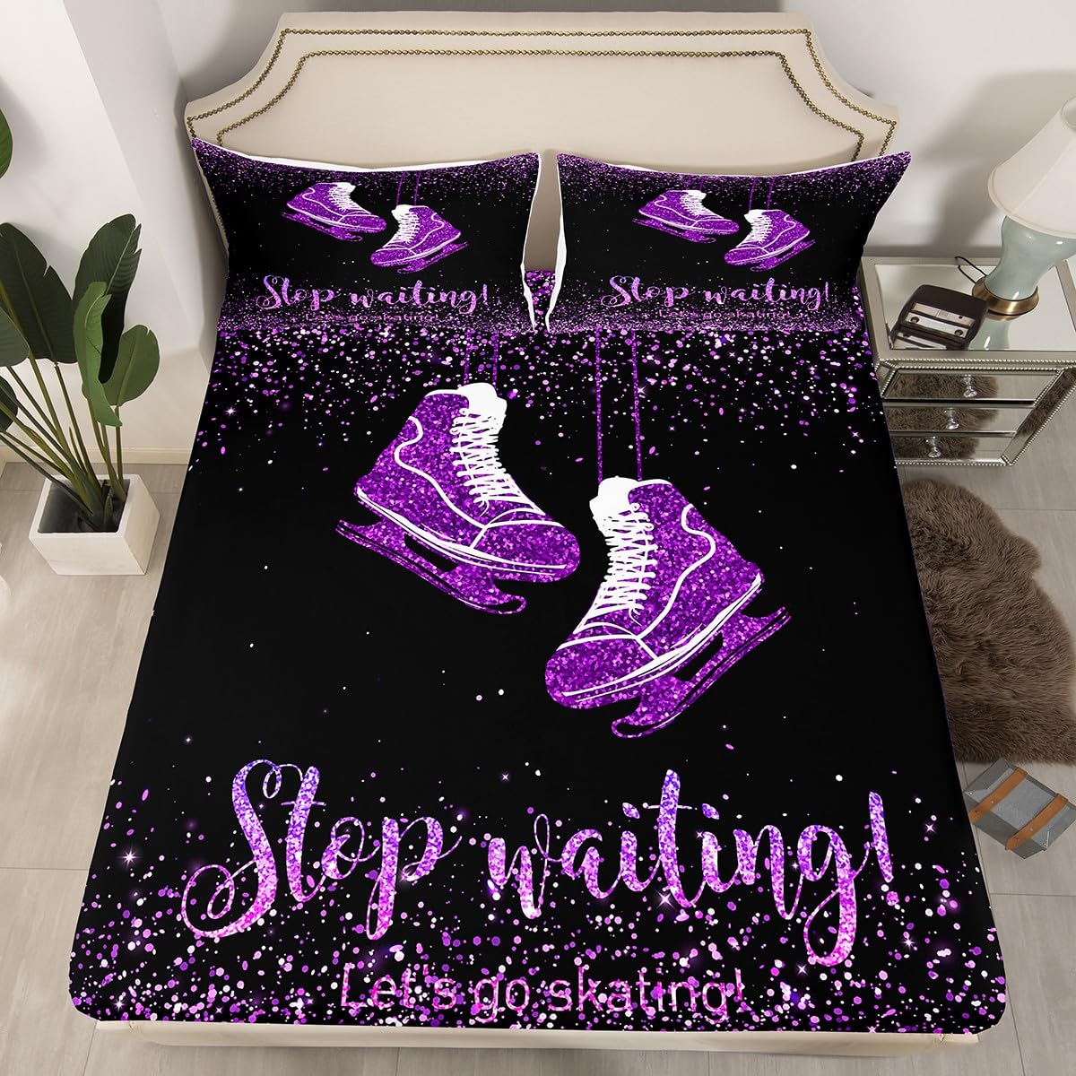 Homewish Skate Shoes Fitted Sheet Queen Size,Ice Skating Game Bedding Set 3pcs for Kids Teens Girls Boys Room Decor,Extreme Sport Bed Cover Glitter Purple Bed Sheet Set with 2 Pillowcases