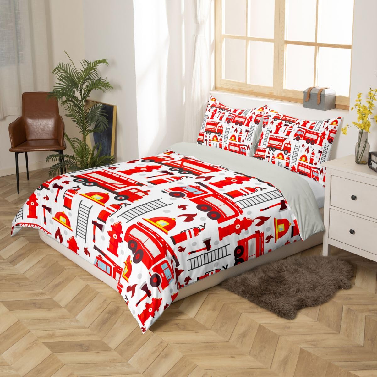 Fire Truck Bedding Set for Kids Boys Red Fire Fighting Supplies Pattern Comforter Cover Set Helmet Ladder Fire Extinguisher Fire Hydrant Print Duvet Cover Girls Adult Teens Fire Theme Beddings, King