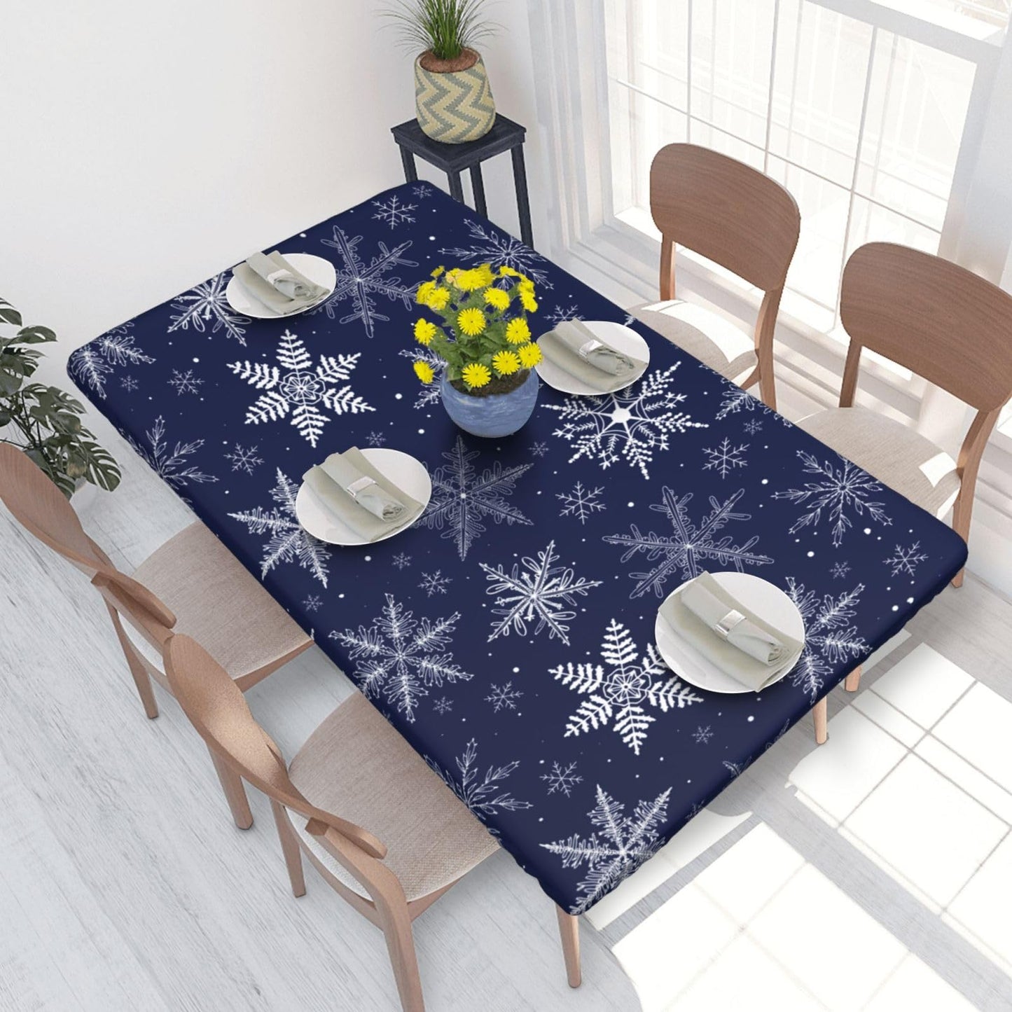 Fiokroo Winter Snowflakes Blue Tablecloth with Elastic Edge for 4ft Rectangle Table, Table Cloth Christmas Washable Table Cover for Kitchen Dining Party Outdoor Picnic Decoration, 48" L X 30" W