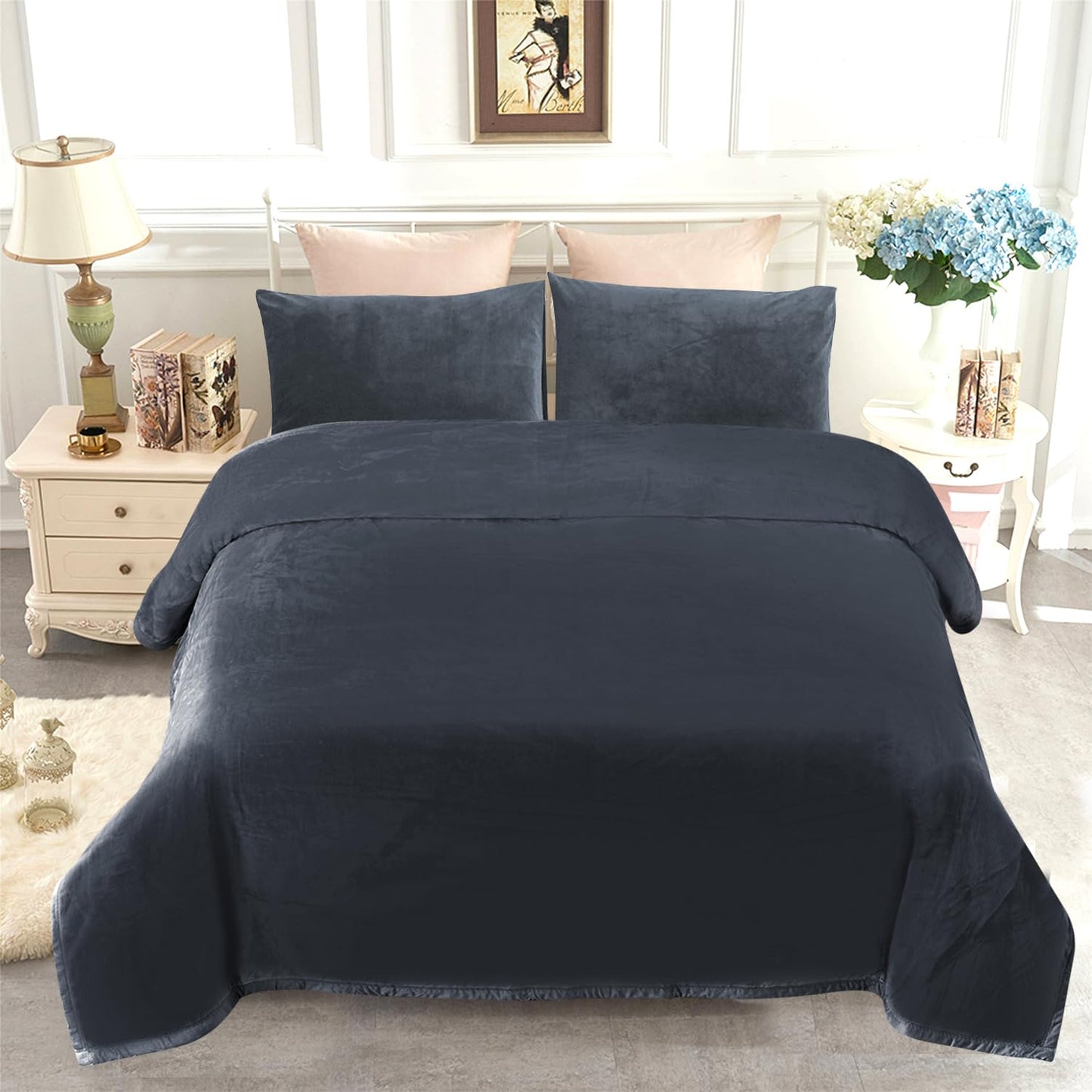 JYK Korean Style Mink Fleece Blanket Queen 3.5 LB, 1 Ply Extra Soft,Lightweight Flannel Blanket,Breathable Plush Fuzzy Cozy Queen Blanket for Couch Sofa Bed Camping 79x91 Inches, Dark Grey