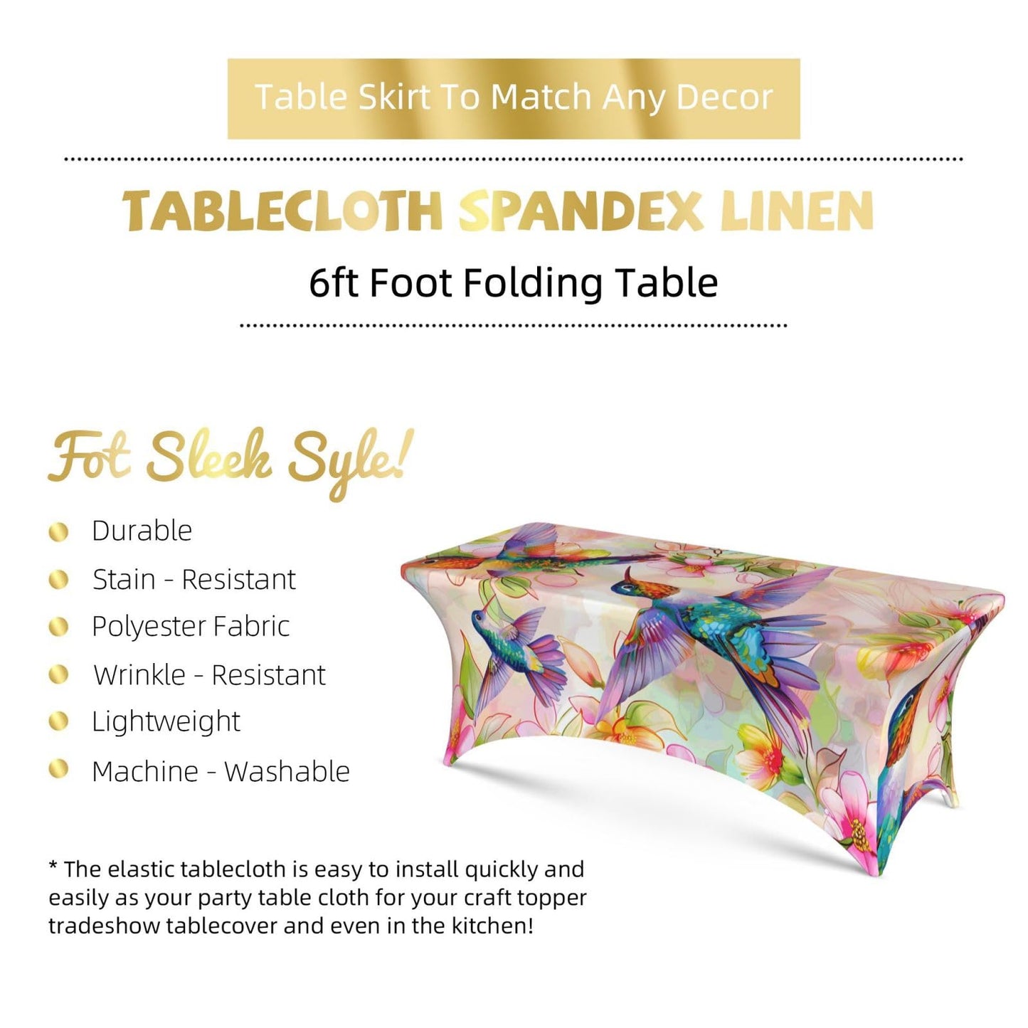 Ginfult Table Cloth Colorful Hummingbird Cherry Blossom Fitted Tablecloth for 6 Foot Rectangle Tables Stretch Table Cover for Party Picnic Wedding