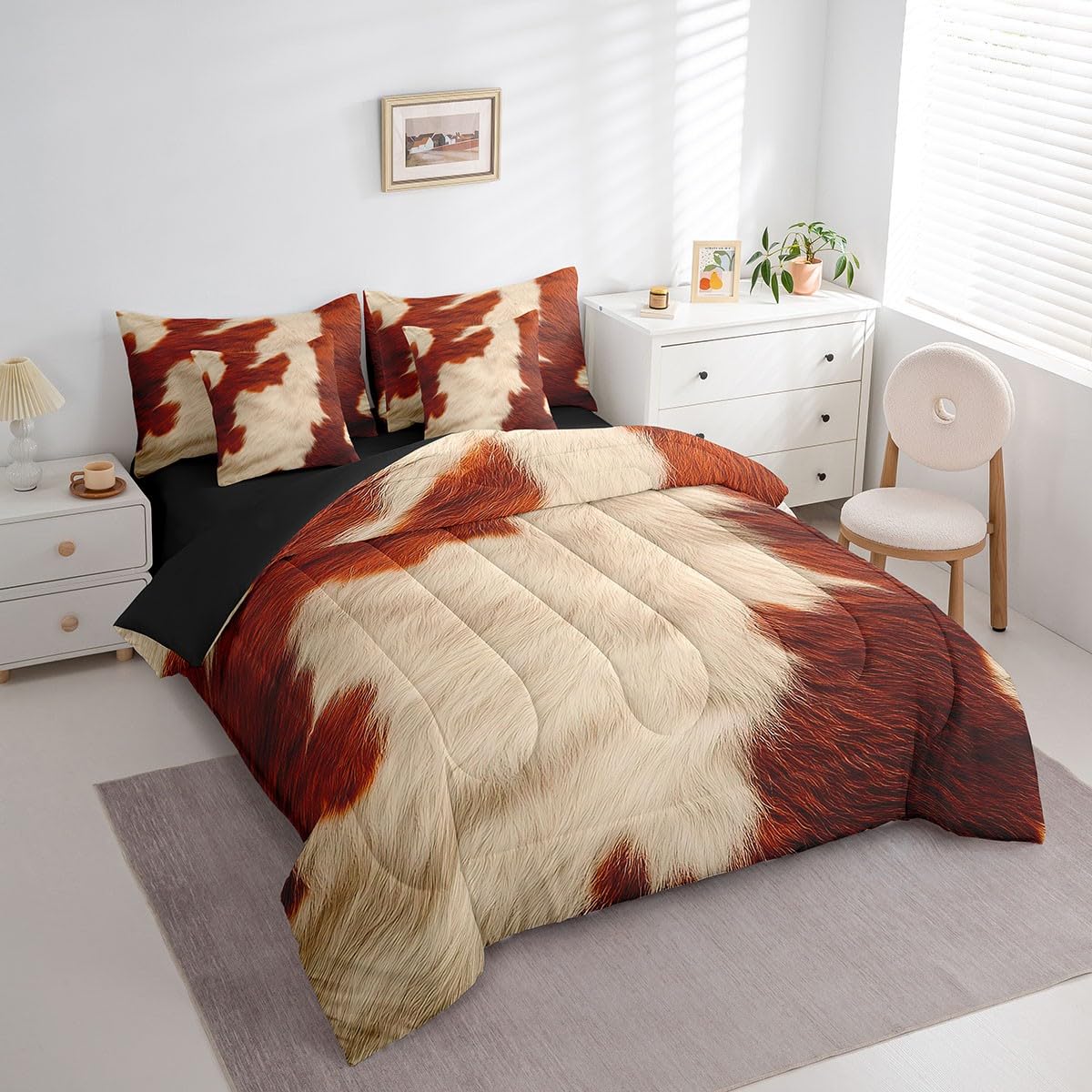 Erosebridal Brown Cowhide Bed in A Bag King Size Cow Print Kids Comforter Set 7 Piece Rustic Western Cowboy Bedding Set for Boys Teens Adult Bedroom Decor Farm Animal Fur Farmhouse Sheets