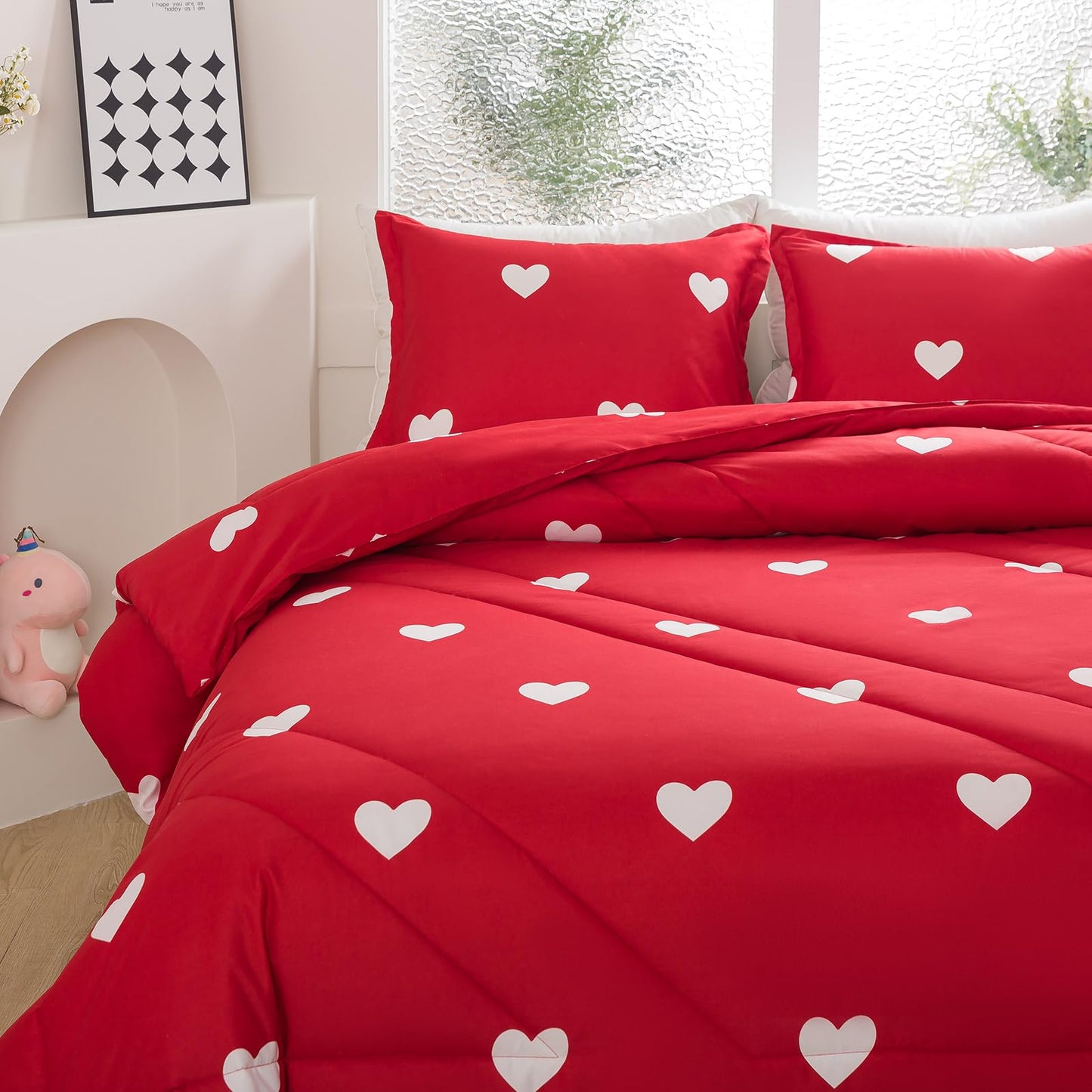 Caressma Love Comforter Set Twin Size - Cute White Heart Print Red Bedding Comforter with Matching Pillowshams
