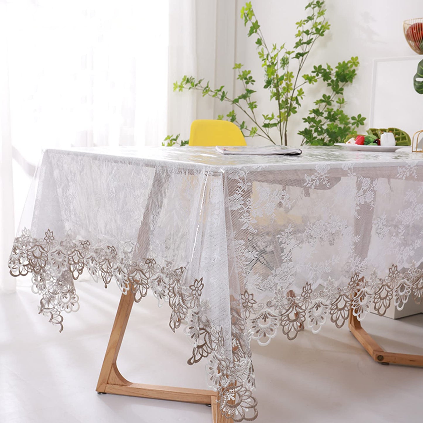Jeloris Plastic Clear Rectangle Tablecloth Vinyl PVC Waterproof Tablecloth Embroidered Lace Edge Transparent Table Cover for Kitchen Dining Coffee Table (43x62 inch, Khaki Flora)