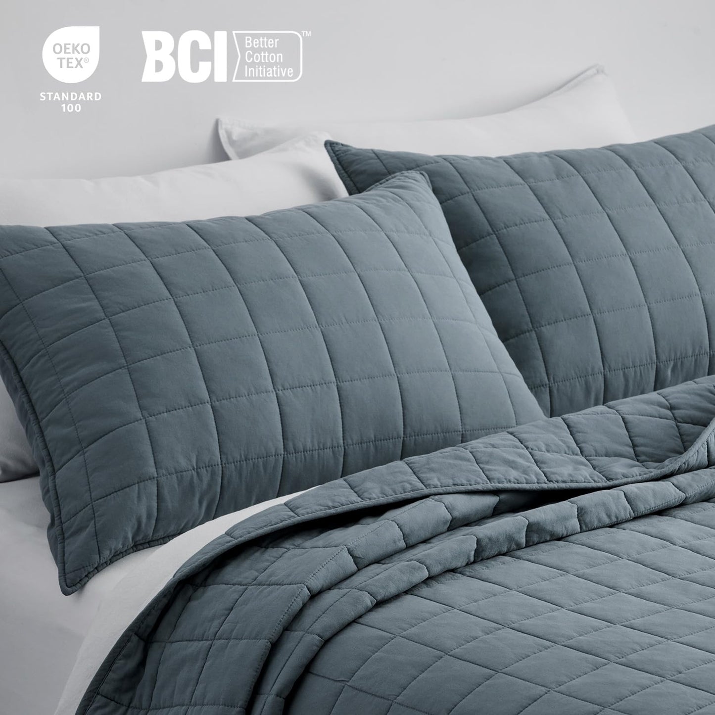 EVERGRACEHOME 100% Cotton Box Stitch Quilt Bedding Set Queen Size 3 Pieces, Garment-Washed Lightweight Soft Cozy Coverlet, Quilted Bedspread Sets with 2 Shams for All Season, Midnight Blue