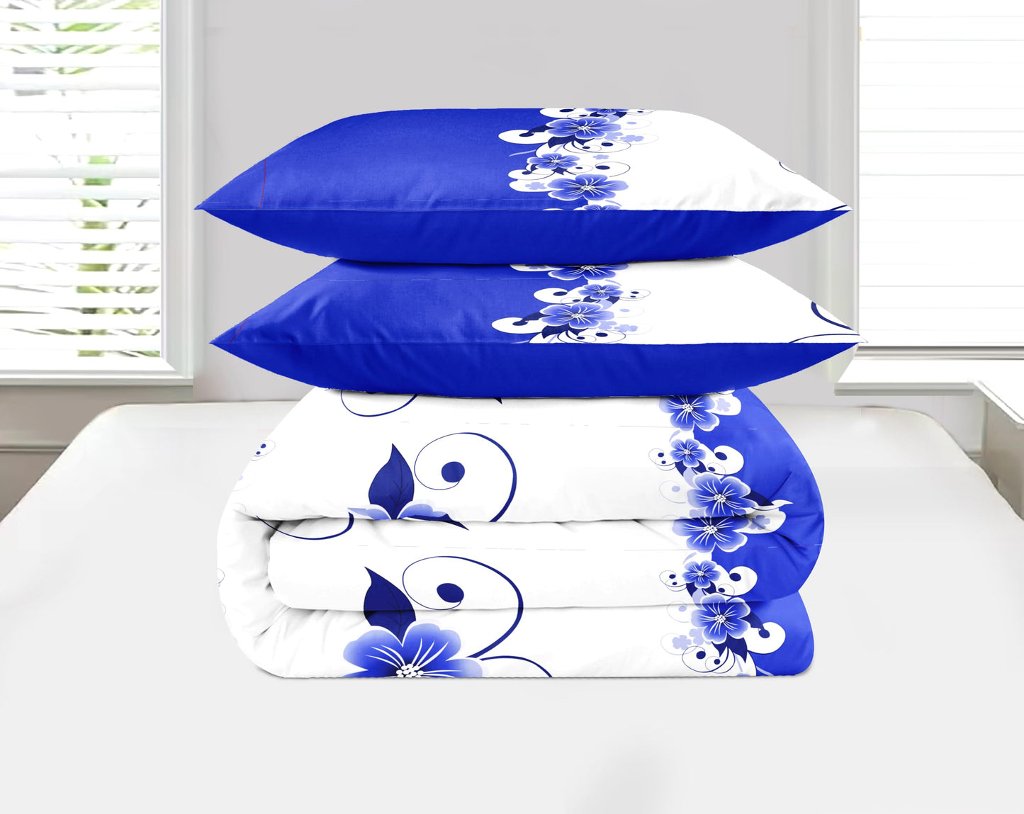 12-Piece Royal Blue Gardenia Duvet Cover Set King with Curtains, Floral Bed in a Bag King with Sheets, Matching Curtains Comforter Cover, Soft Microfiber Bedding Set Zipper Closure, Ideal Gift