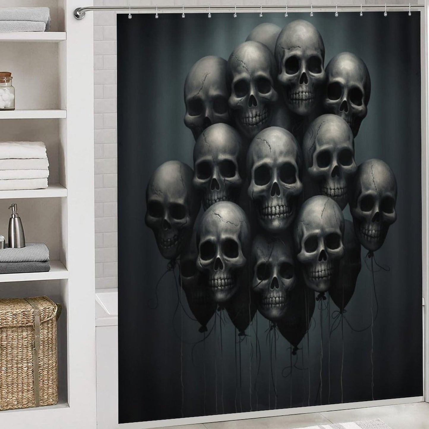 FOCCAFB 4Pcs Rustic Fantasy Skull Bathroom Sets with Shower Curtain Rugs Mats Black Skeleton Balloon Landscape Bathroom Decorations Sets with Non Slip Rugs Toilet Lid Cover Bath Mat, Style-2