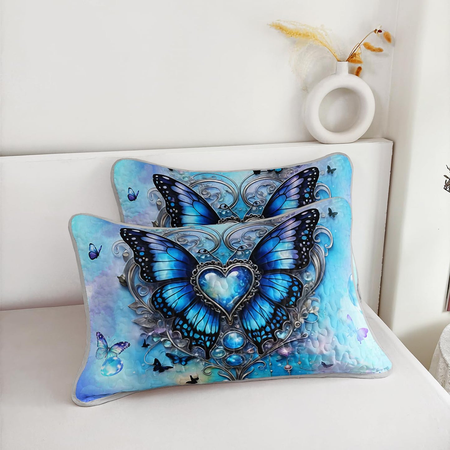 QOOMO Cartoon Butterfly Kids Quilt Set,Dreamy Bubbles Print Bedding Set Twin Size,Blue Room Decoration Soft and Lightweight for All Seasons,1 Quilt Set 2 Pillowcases