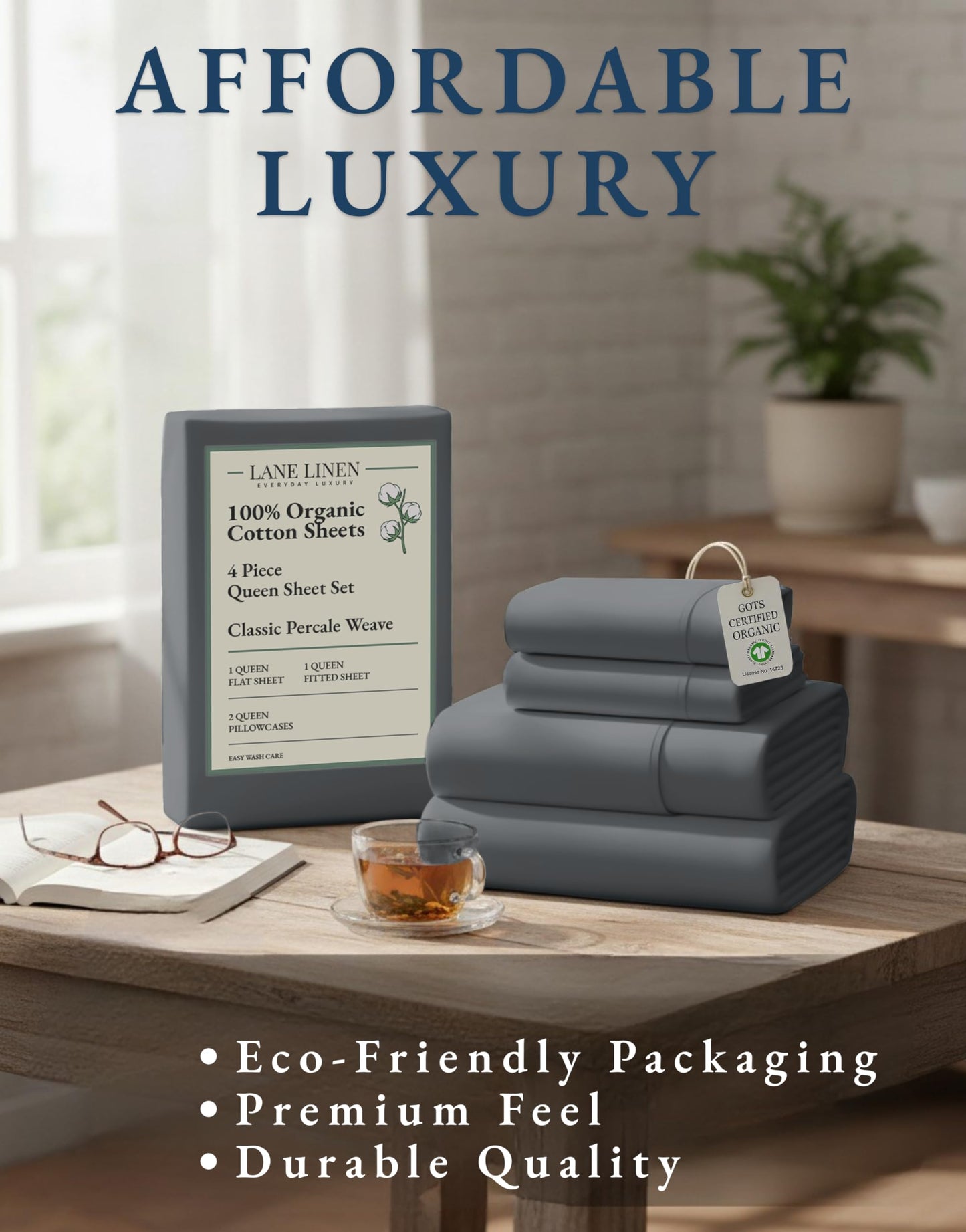 LANE LINEN Queen Sheet Set 100% Organic Cotton GOTS Certified Percale Weave Deep Pocket 4 Piece Soft Breathable Cooling Lightweight All Season Machine Washable Crisp - Charcoal