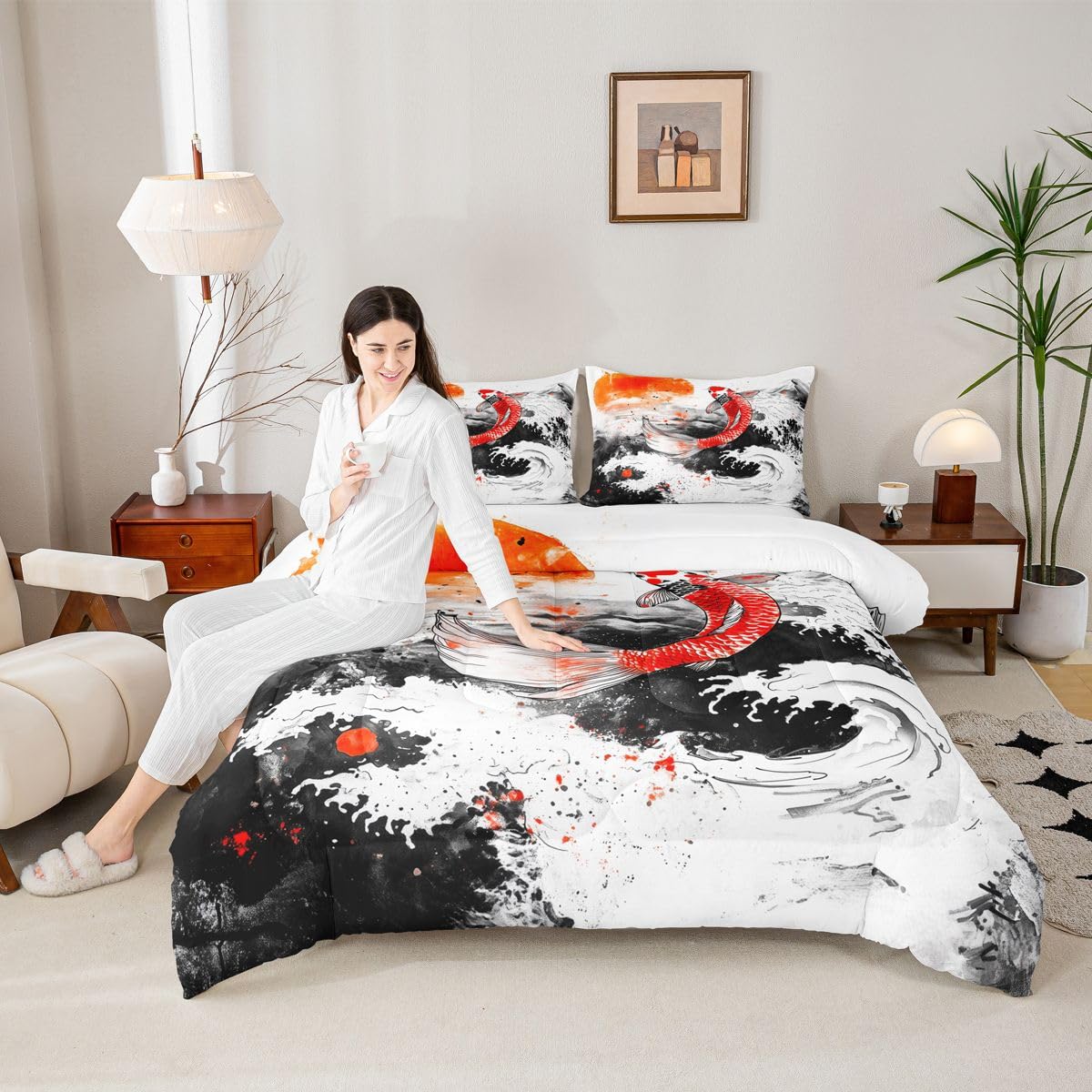 jejeloiu Wave Bedding Set Soft for Boys Girls, Japanese Style Comforter Set Queen Size Fish Duvet Quilt Microfiber Red Sun Bedroom Decor 3 Pcs with 2 Pillow Cases